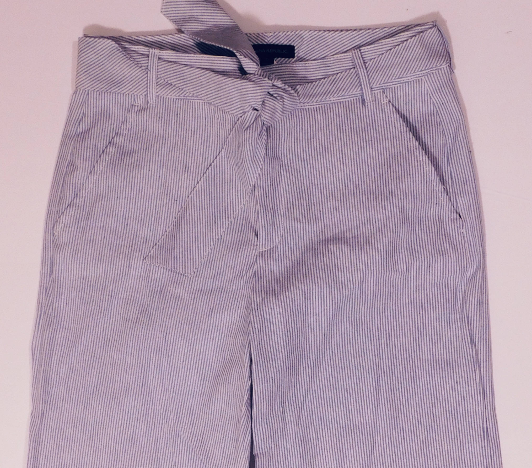 BANANA REPUBLIC Women's Blue & White Striped Cotton Linen Wide Leg Self Belt Pant Sz 6 - Image 3