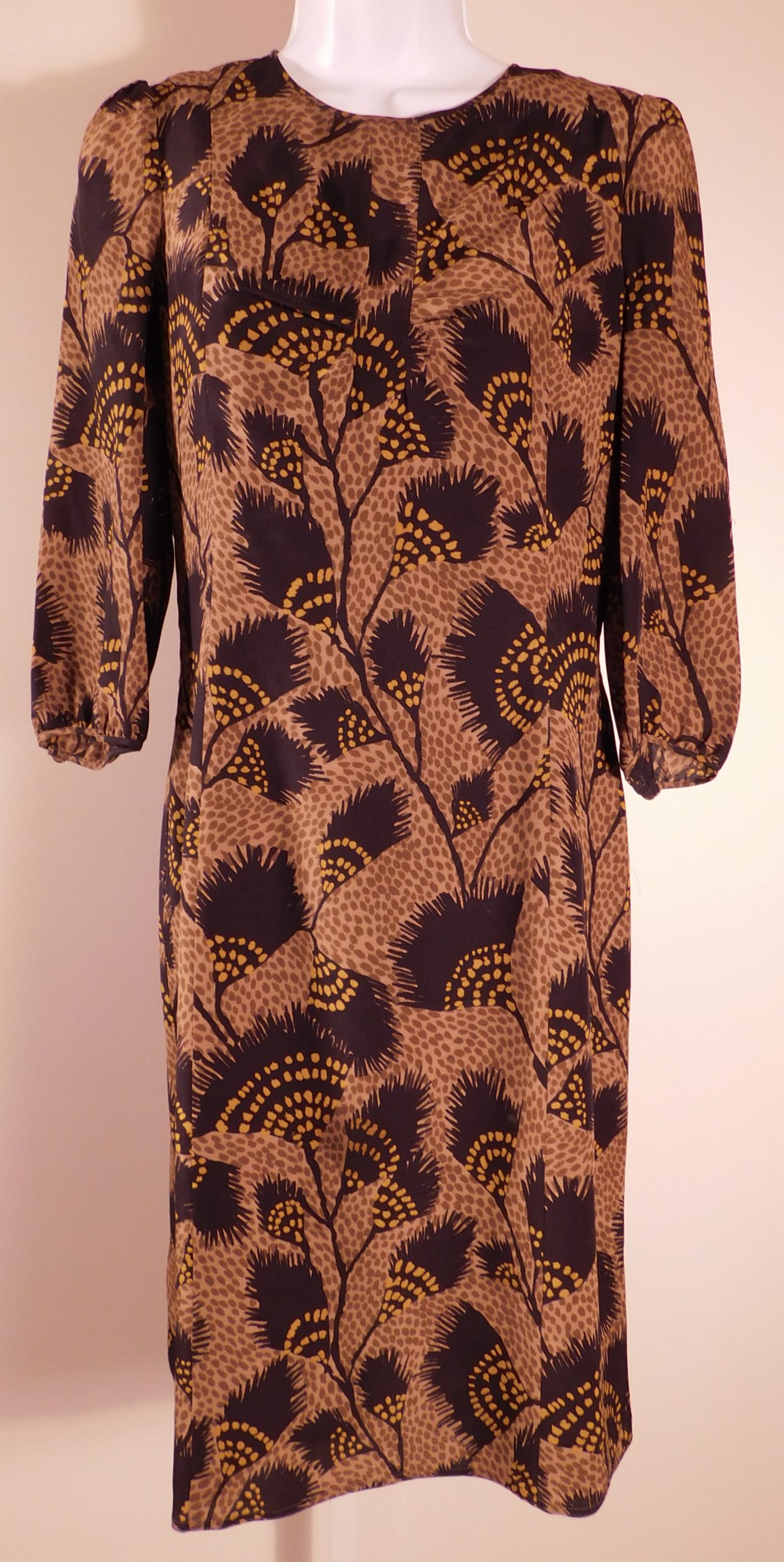 BURBERRY LONDON Women's Brown Black Silk Floral 3/4 Sleeve Shift Dress Sz 6 - Image 4