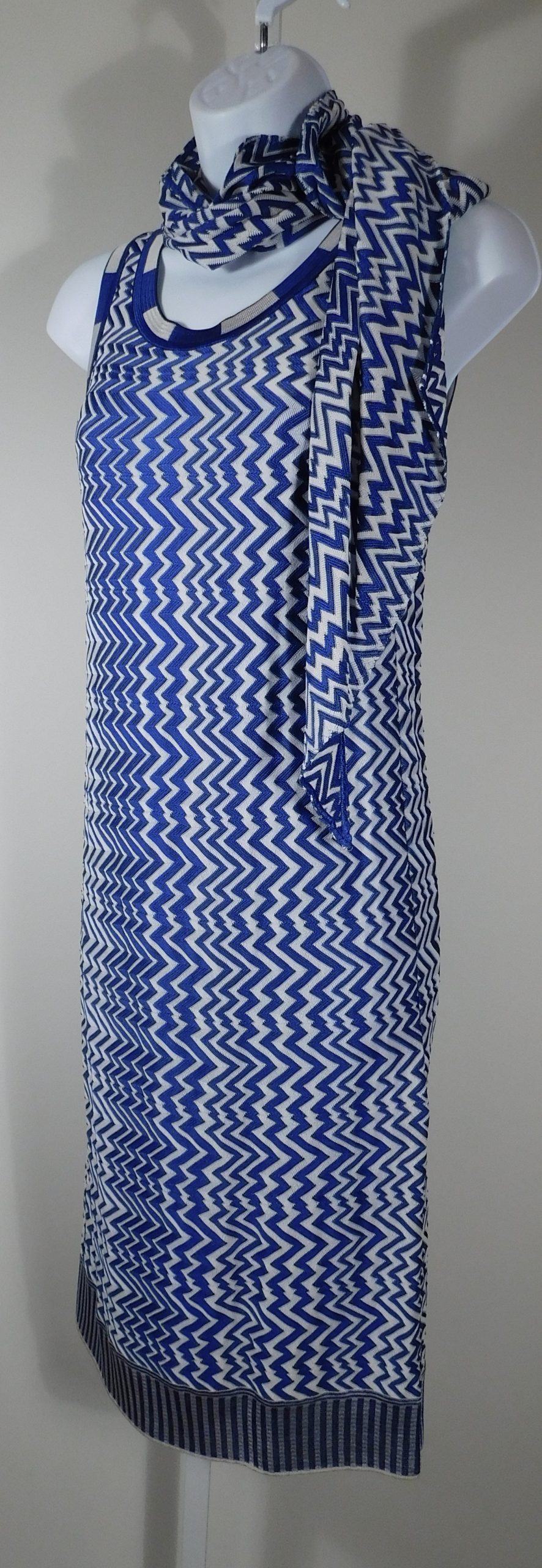 MISSONI Women's Blue Silver Zig Zag Sleeveless W Scarf Knit Dress Sz S
