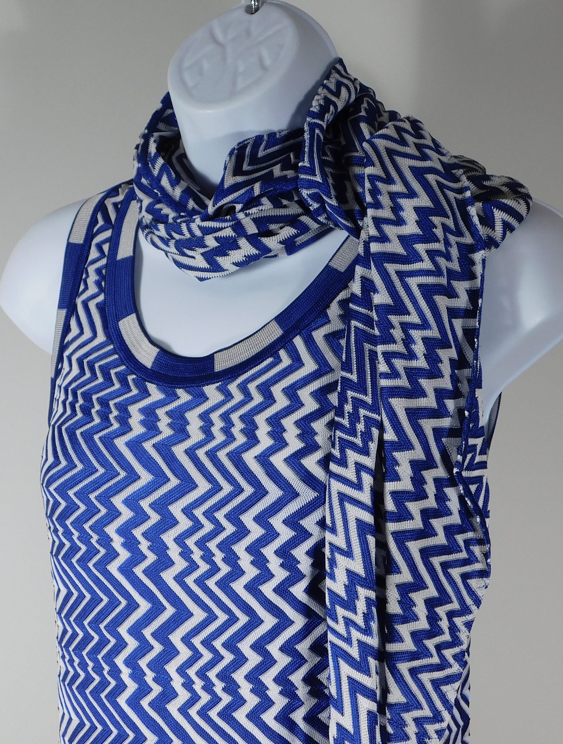MISSONI Women's Blue Silver Zig Zag Sleeveless W Scarf Knit Dress Sz S - Image 3