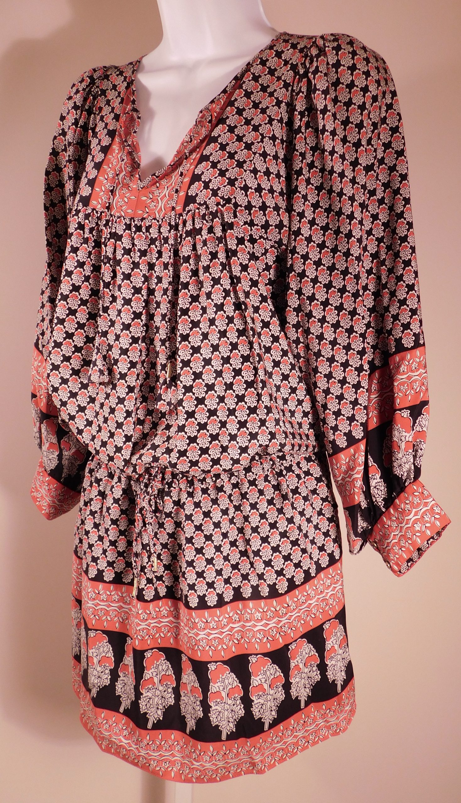 ULLA JOHNSON Women's Black Indian Floral Bazaar V-Neck Silk Long Sleeve Dress Sz 6 ($445)