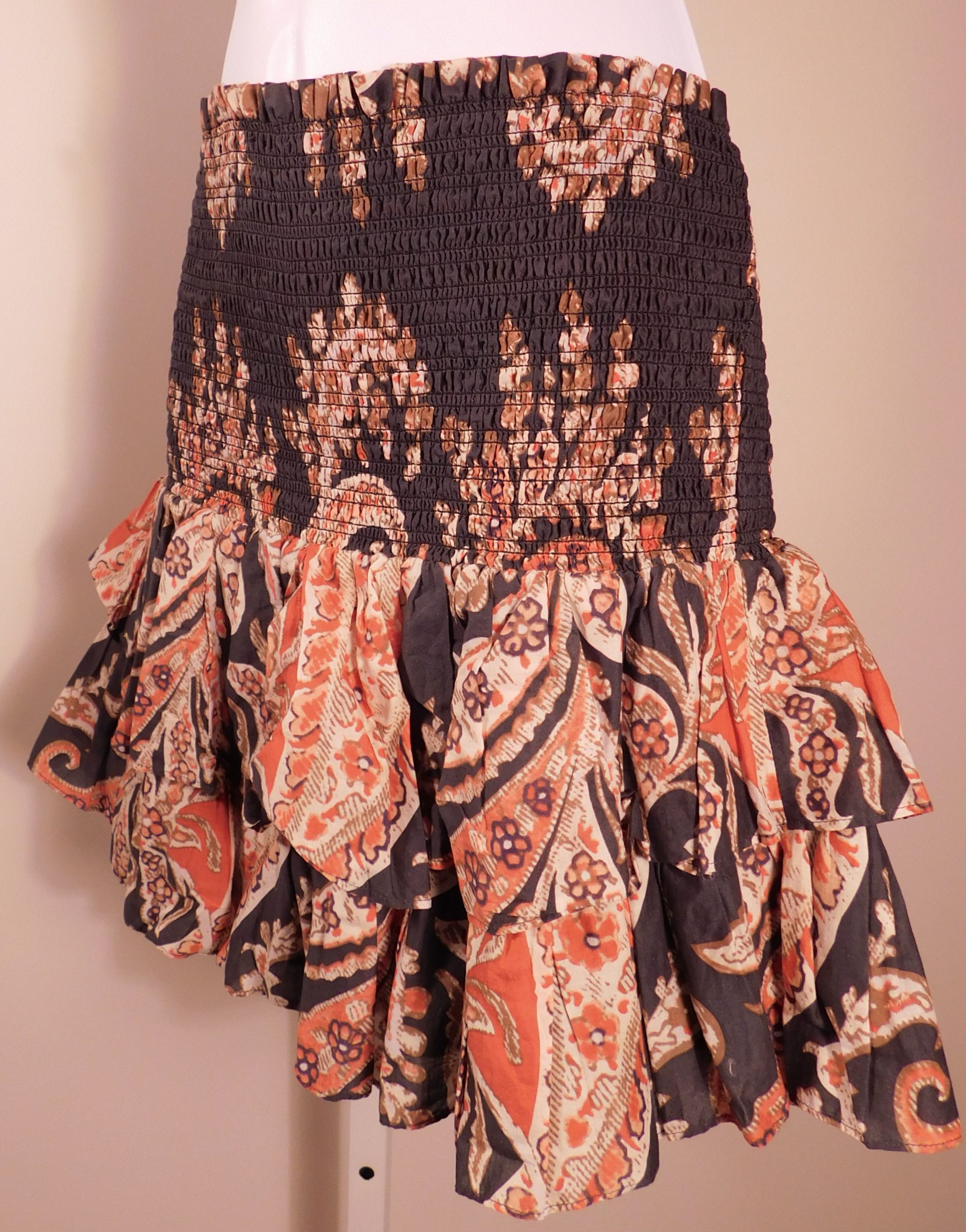 ISABEL MARANT ETOILE Women's Black Orange Paisley Smocked Waist Naomi Tiered Ruffle Skirt Sz 42 ($295)
