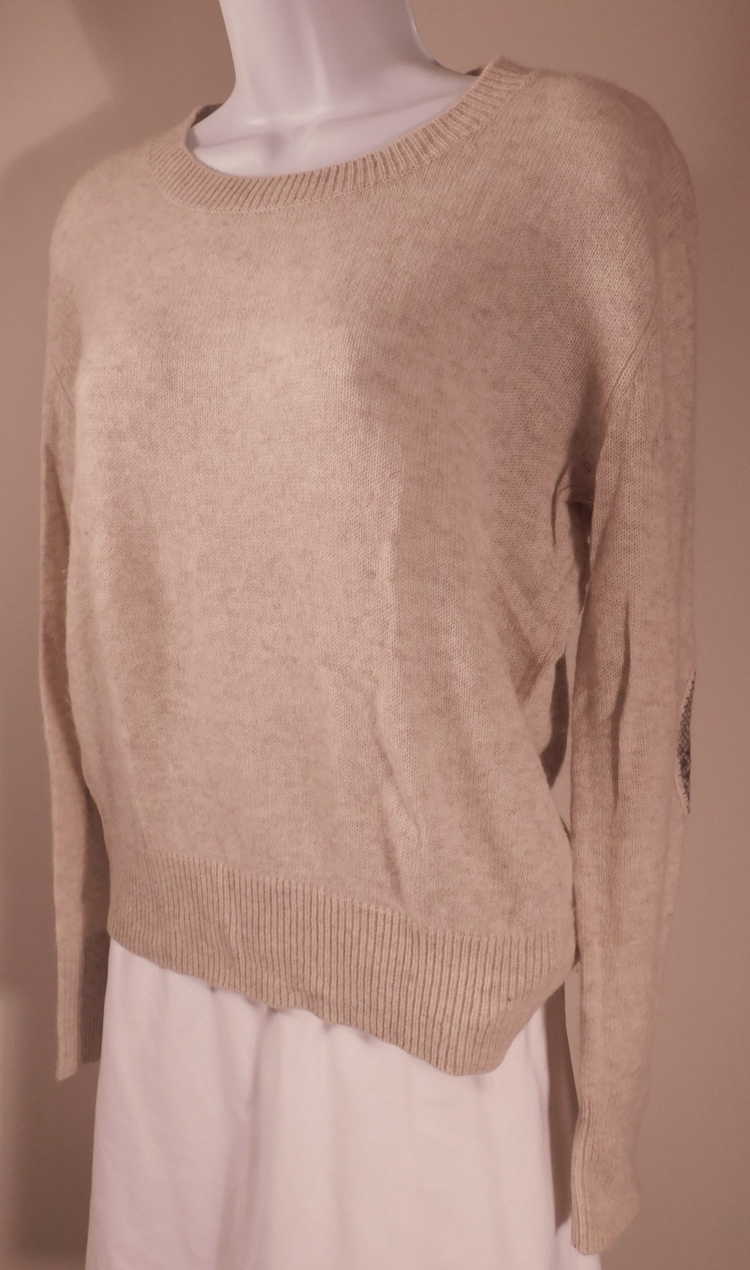 SUSS Women's Tan W Contrast Elbow Patch Long Sleeve Scoop Neck Cashmere Sweater Sz 1 ($595)