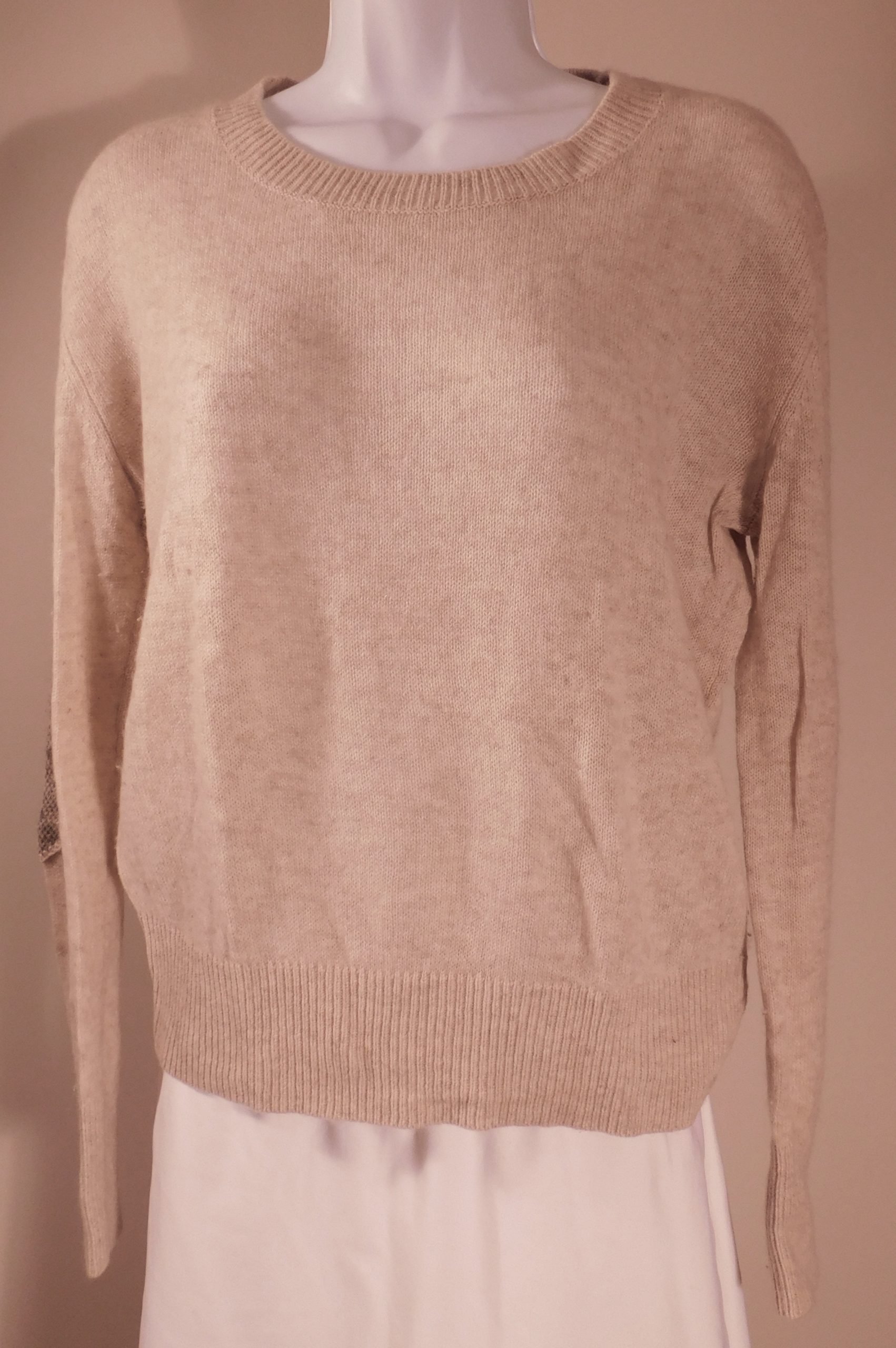 SUSS Women's Tan W Contrast Elbow Patch Long Sleeve Scoop Neck Cashmere Sweater Sz 1 ($595) - Image 4