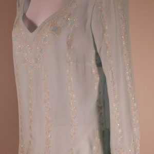 TRINA TURK Women's Aqua Silk V-Neck Long Sleeve Beaded Embroidered Tunic Shirt Sz S