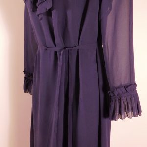 TORY BURCH Women's Navy Blue Silk Ruffle Trim V-Neck Sheer Sleeve Self Belt Shift Dress Sz 6 ($598)