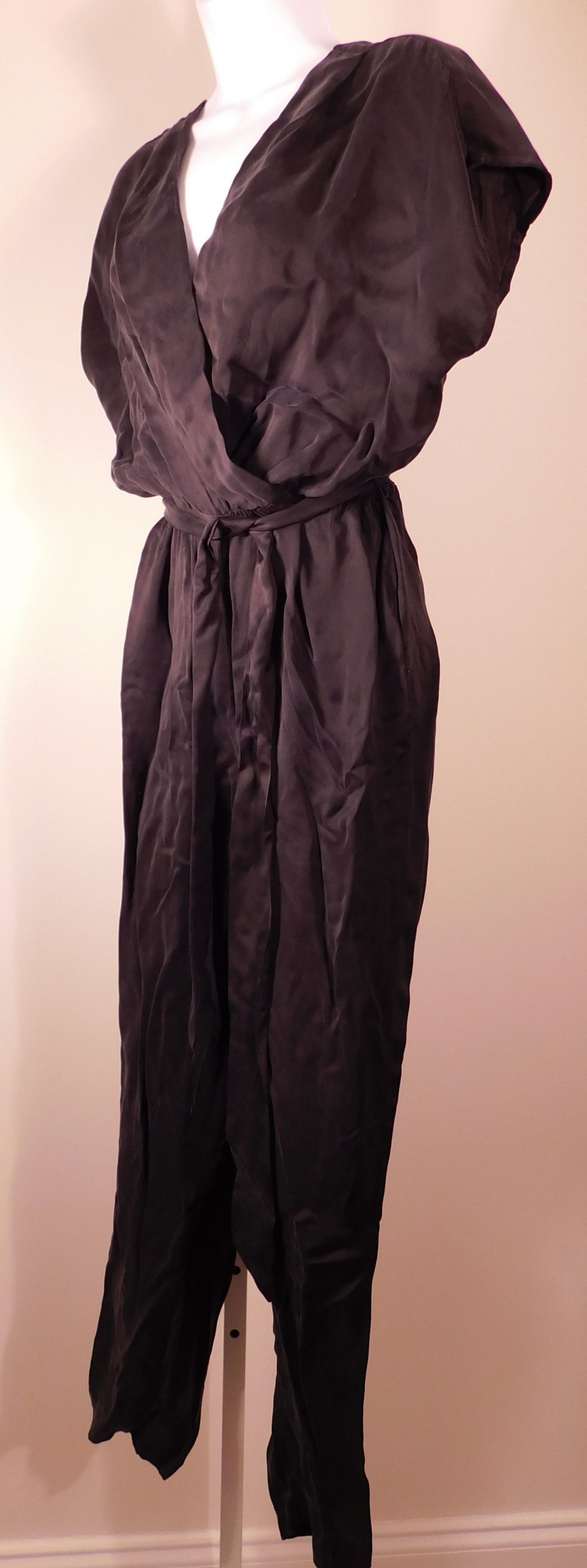 GREYLIN Women's Black Sueded Short Sleeve V-Neck Elastic Waist Self Tie Jumpsuit Sz MP