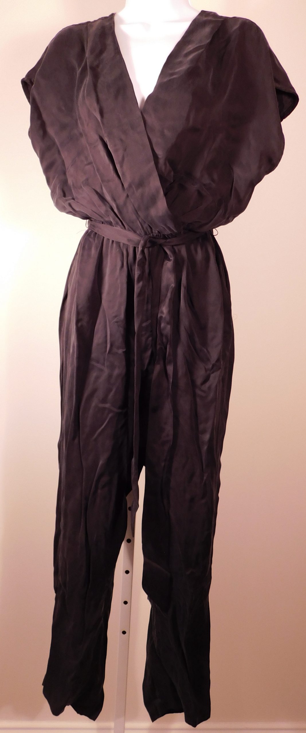 GREYLIN Women's Black Sueded Short Sleeve V-Neck Elastic Waist Self Tie Jumpsuit Sz MP - Image 4