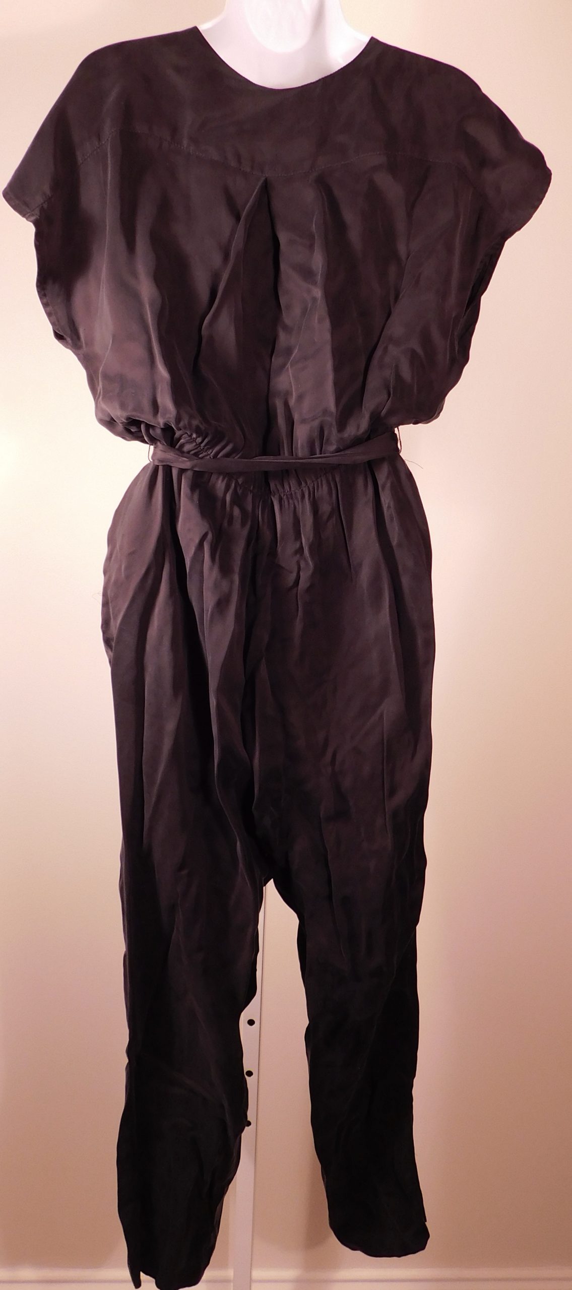 GREYLIN Women's Black Sueded Short Sleeve V-Neck Elastic Waist Self Tie Jumpsuit Sz MP - Image 5