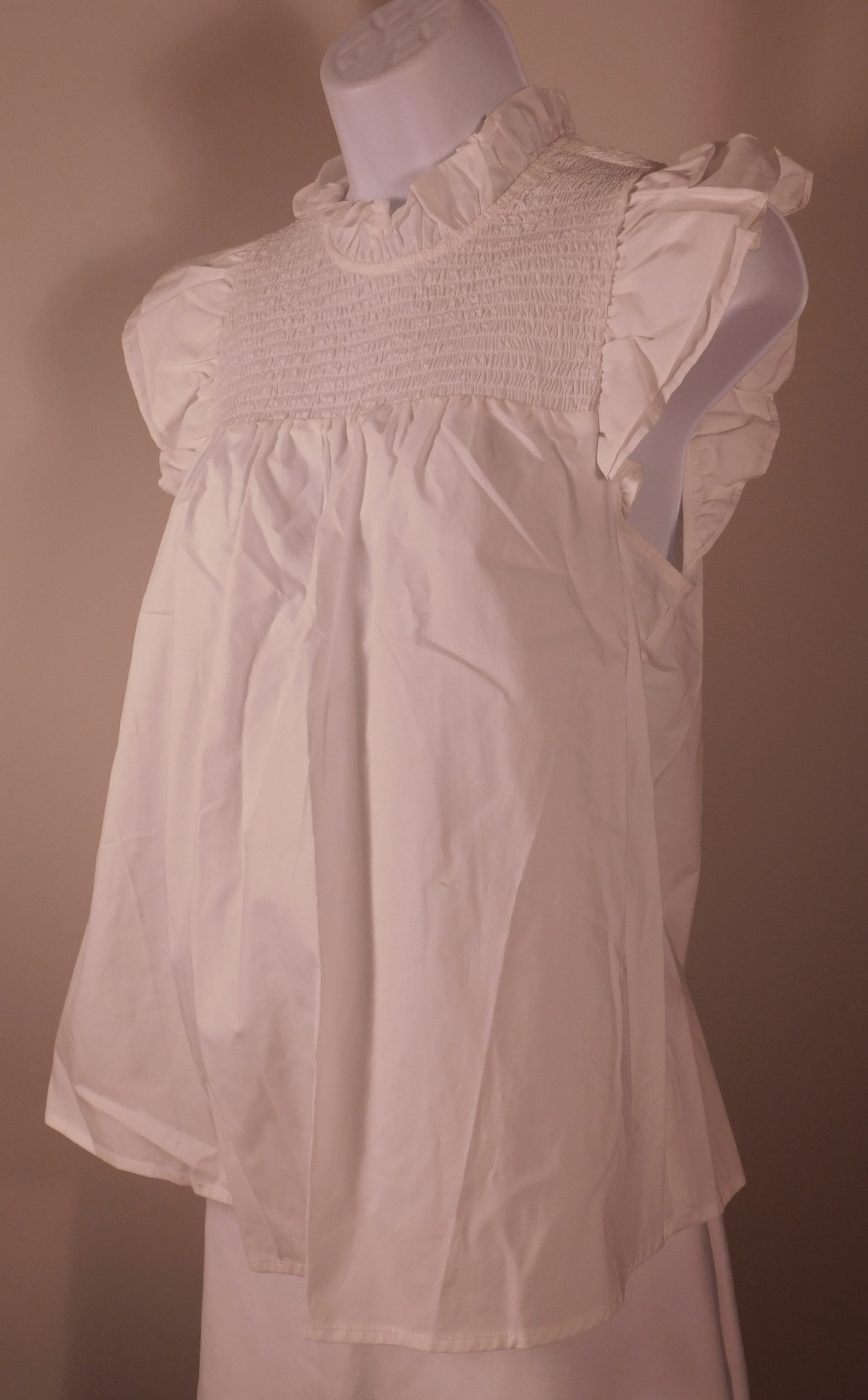 OTHILIA BY ANTHROPOLOGIE NWT Women's White High Ruffle Neck Smocked Chest Short Sleeve Cotton Blouse Sz S ($148)