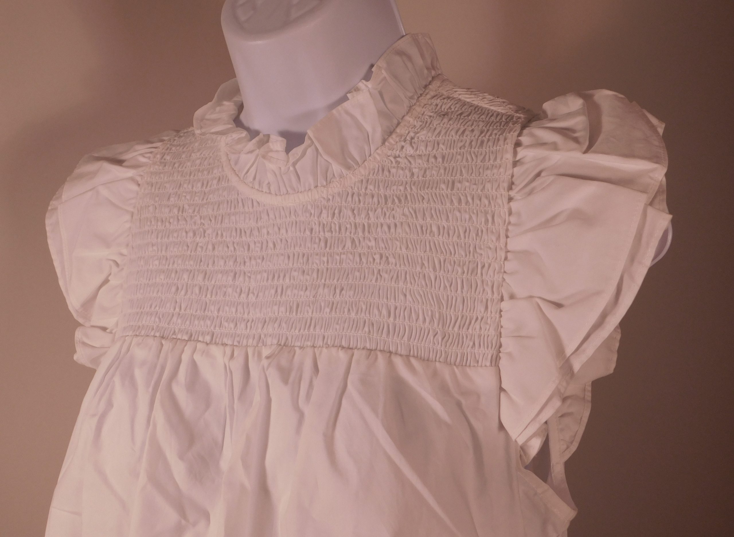 OTHILIA BY ANTHROPOLOGIE NWT Women's White High Ruffle Neck Smocked Chest Short Sleeve Cotton Blouse Sz S ($148) - Image 3