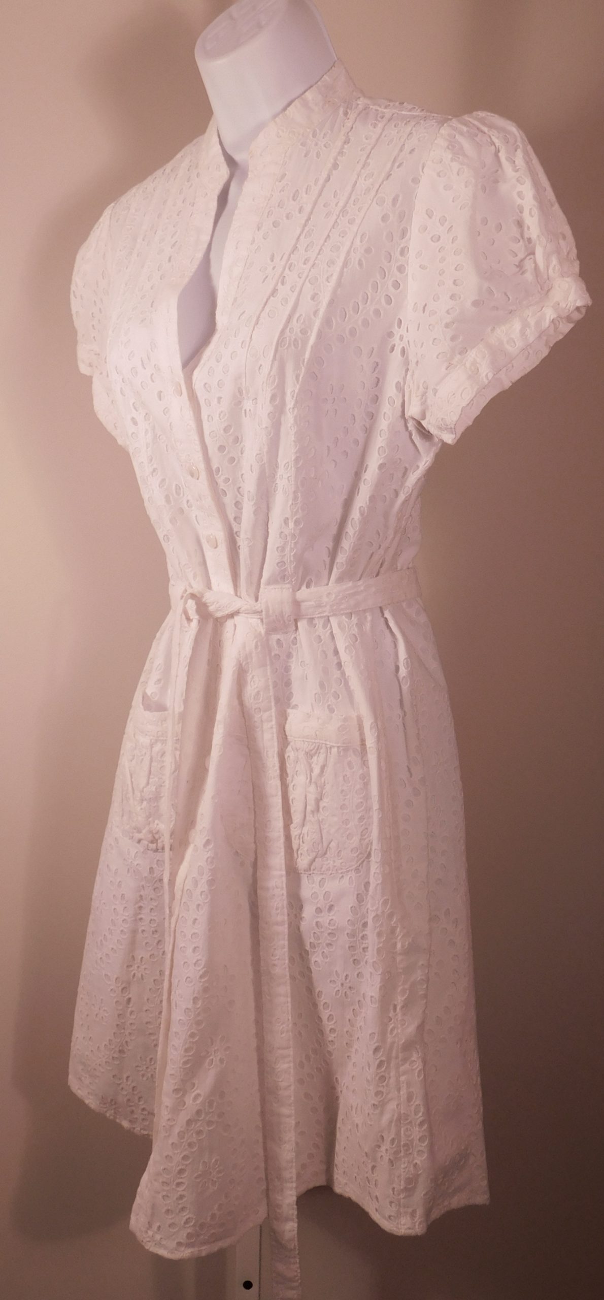 ANNE FONTAINE Women's White Eyelet V-Neck Short Sleeve Button Front Self Belt Melodie Dress Sz 42 ($715)