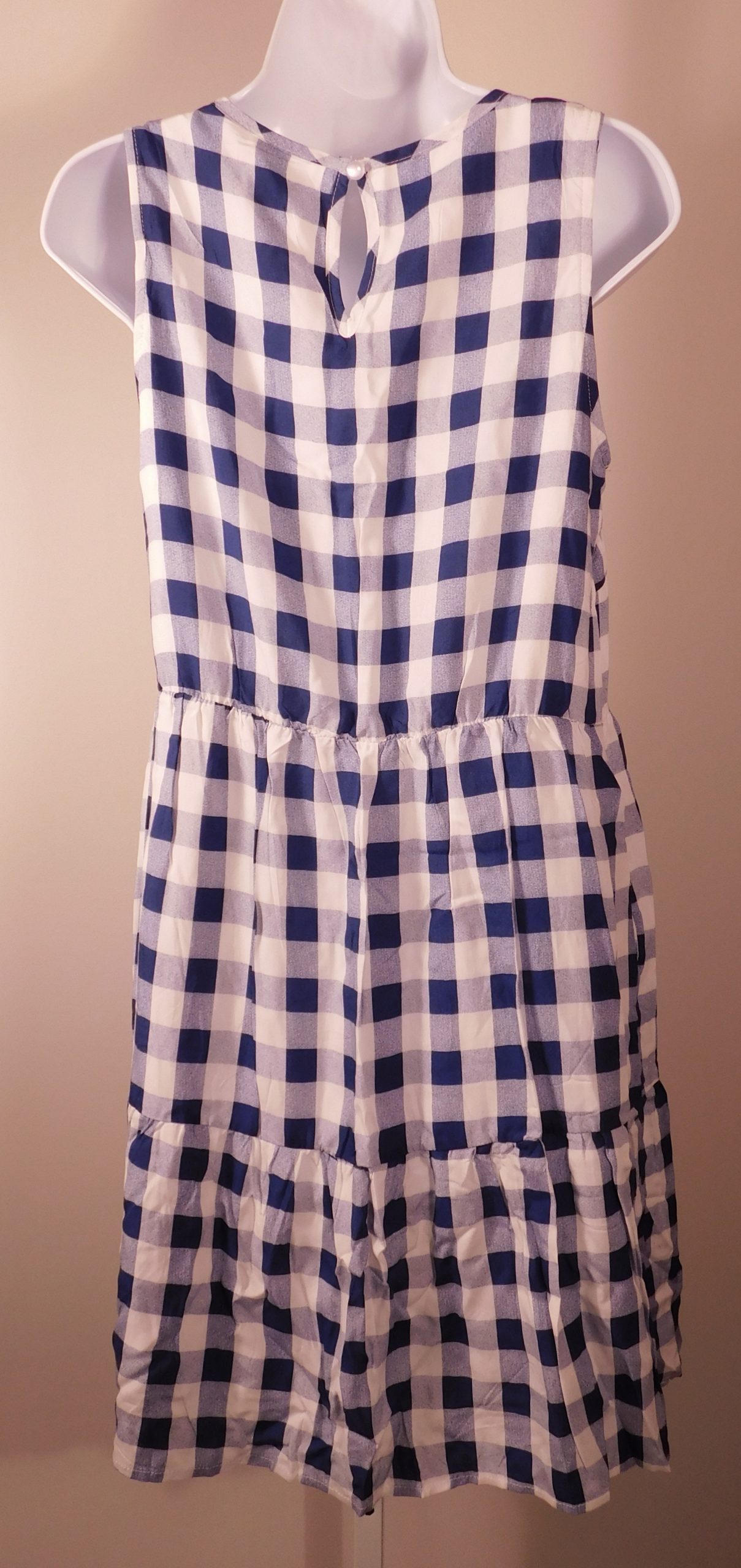 Women's Blue & White Gingham Check Sleeveless Drop Waist Shift Dress Sz S - Image 5