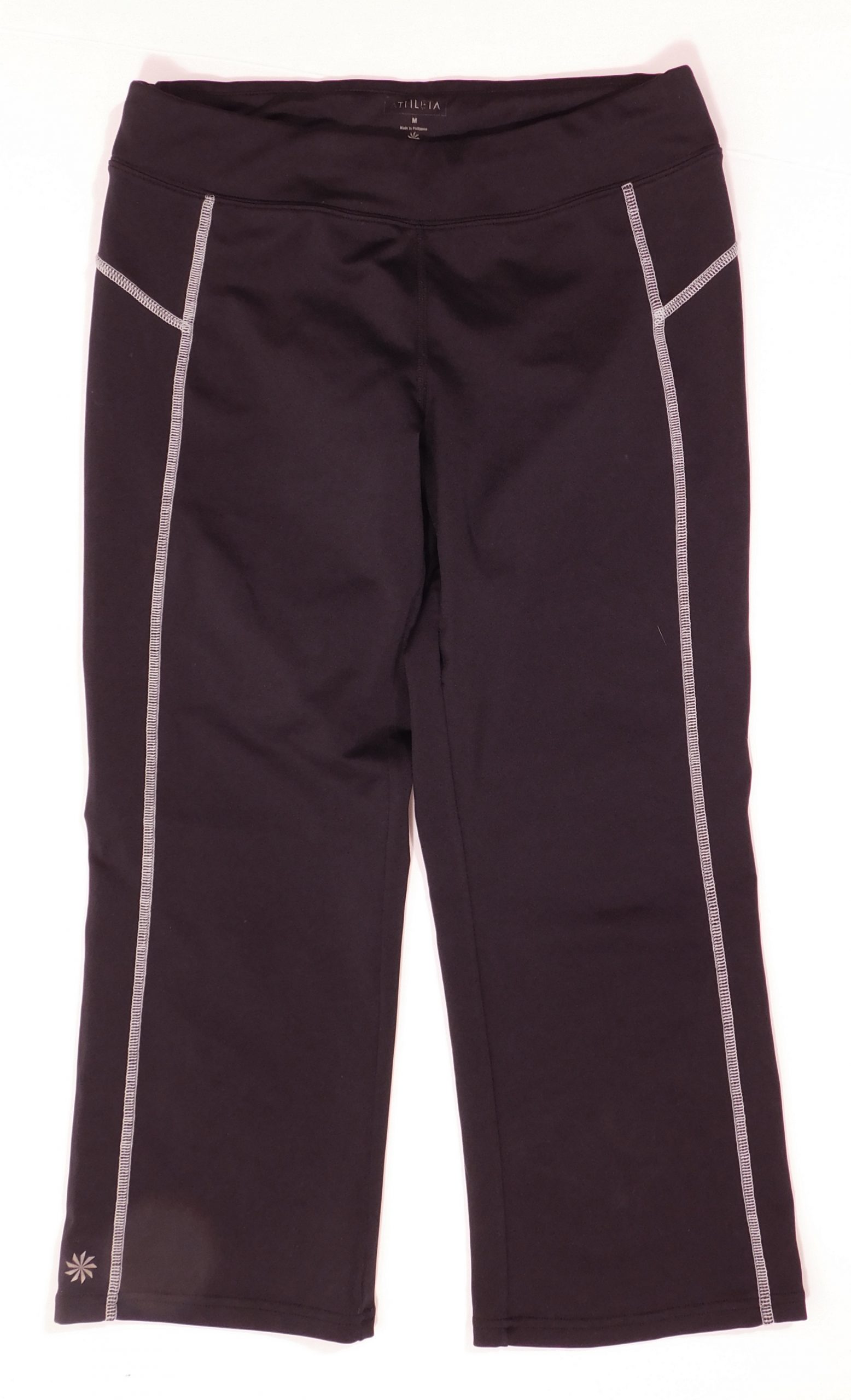 ATHLETA Woman's Black W White Top Stitching Pull On Cropped Athletic Pant Sz M - Image 3