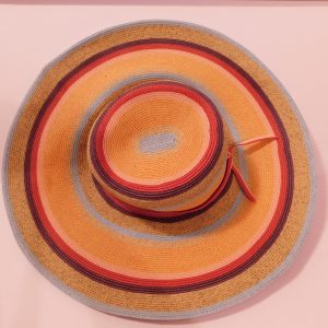 Orange Blue Yellow Red Brown Striped Paper Straw Wide Brim Floppy Sun Hat OS