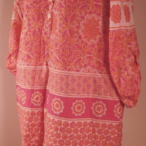 HATLEY Women's Orange Magenta White Cotton Print Embroidered Trim 3/4 Sleeve Tunic Blouse Sz L