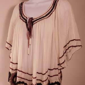 FREE PEOPLE Women's Ivory Crochet Trim Short Sleeve Scoop Neck Cotton Poet Top Blouse Sz M