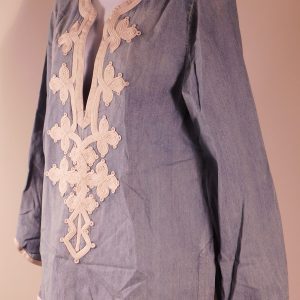 J CREW Women's Blue Cotton Denim Embroidered Trim V-Neck Long Sleeved Tunic Blouse Sz 10