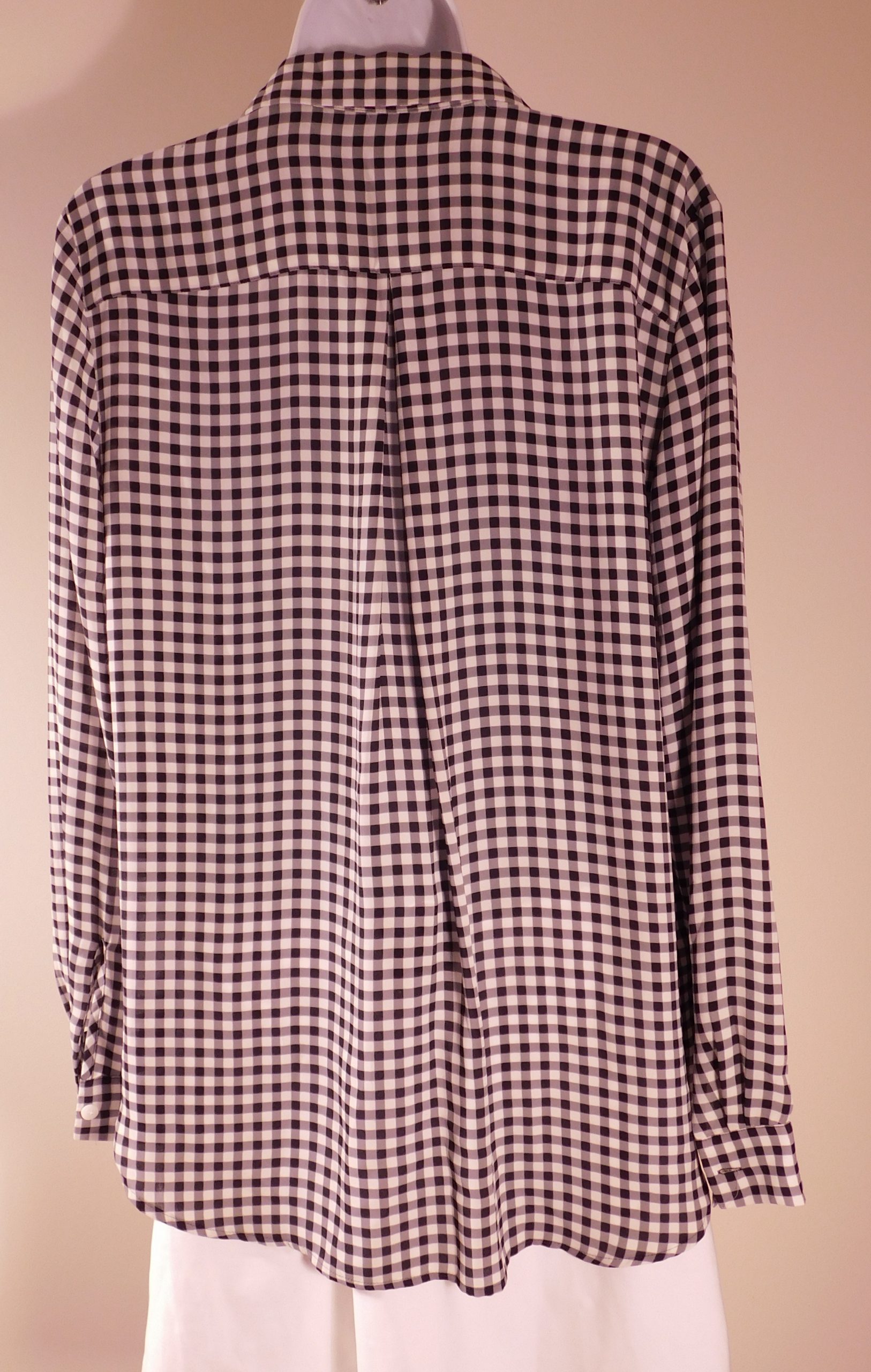 ANN TAYLOR Women's Black White Gingham Check 2 Button Placket V-Neck Long Sleeve Tunic Blouse Sz M - Image 5