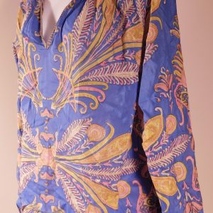 J CREW Women's Blue Pink Yellow Print V-Neck Long Sleeved Cotton Silk Blouse Sz M