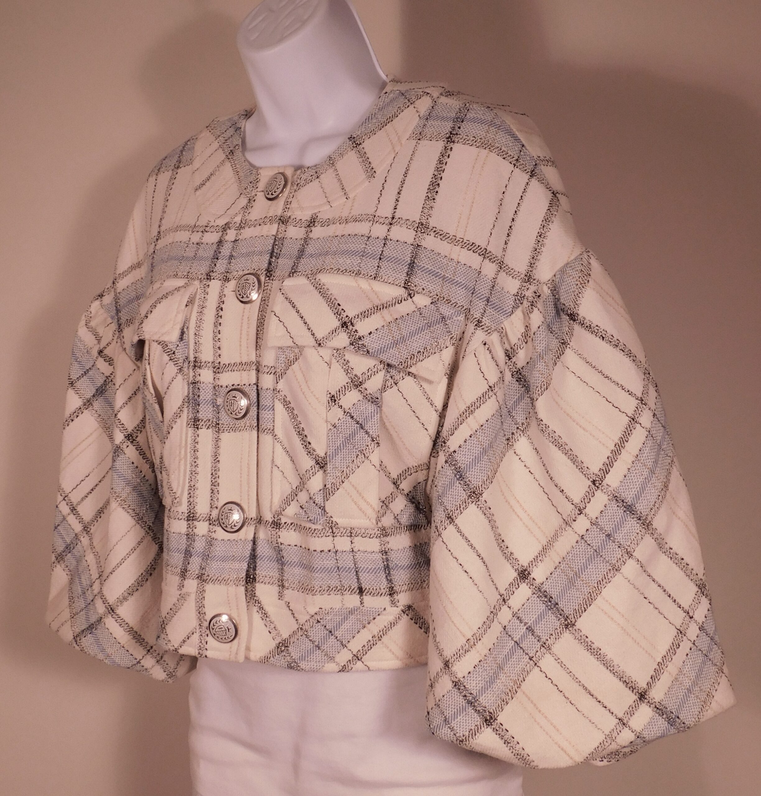 VERONICA BEARD Women's Blue Plaid Nikolai Cropped Puff Sleeves Jacket Sz 4 ($695)