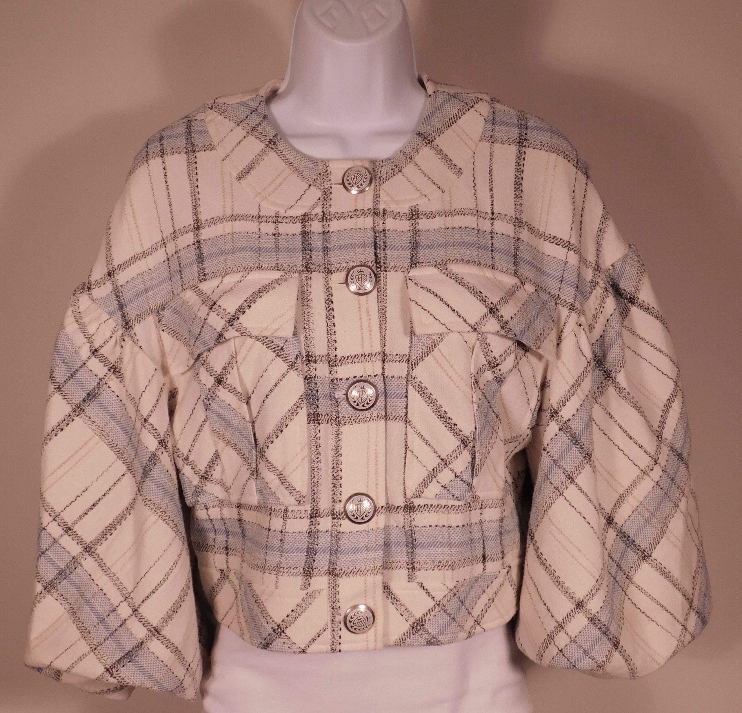 VERONICA BEARD Women's Blue Plaid Nikolai Cropped Puff Sleeves Jacket Sz 4 ($695) - Image 5