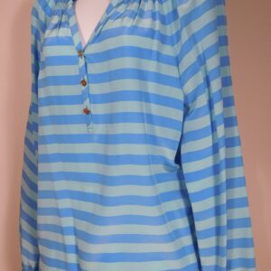 LILLY PULITZER Women's Blue Aqua Striped V-Neck Long Sleeve Silk Blouse Sz M