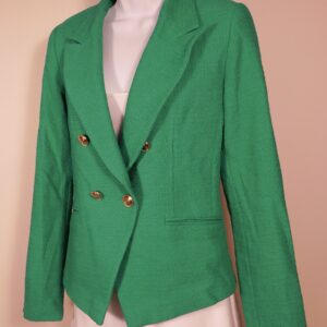 KAREN MILLEN Women's Kelly Green Cotton Blend Double Breasted Gold Tone Buttons Military Jacket Blazer Sz 4