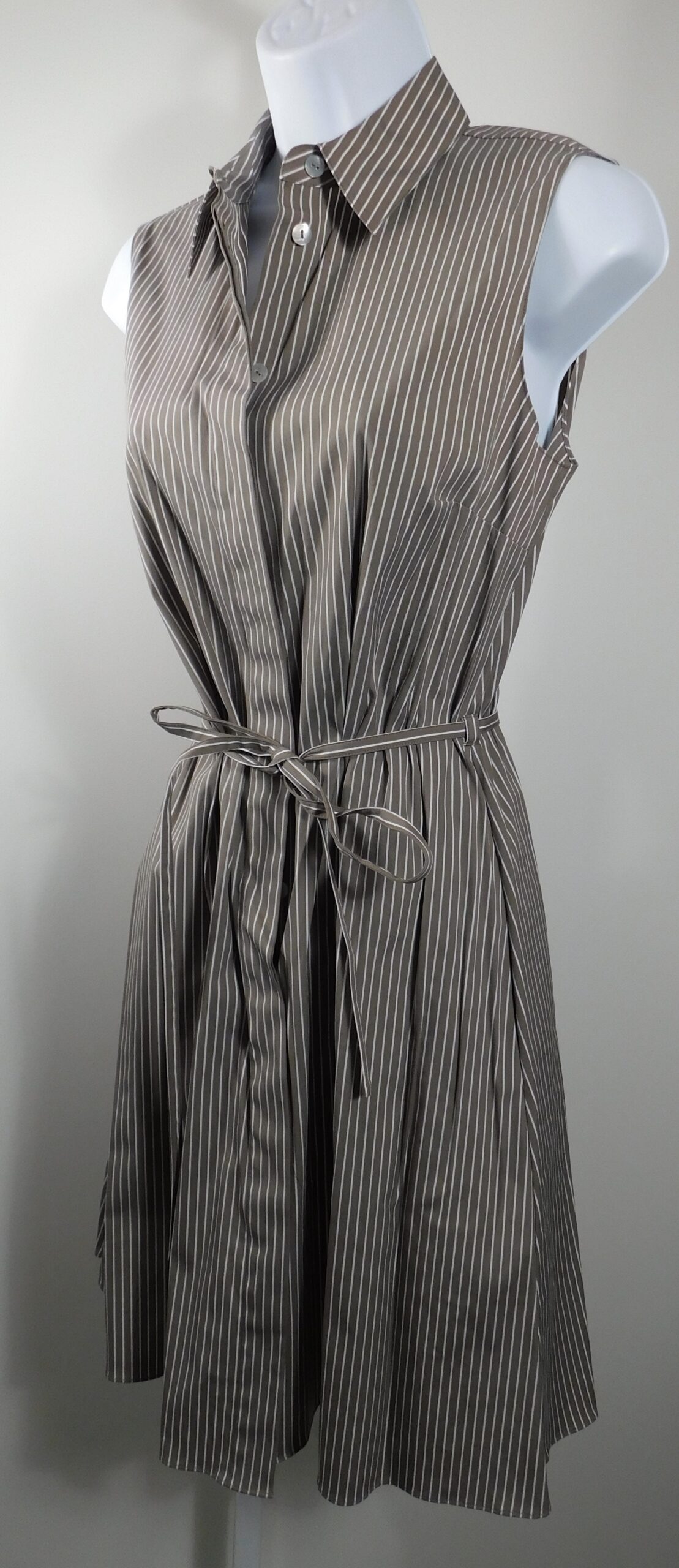 THEORY Women's Khaki White Striped Cotton Stretch Sleeveless Button Front Dress Sz 4