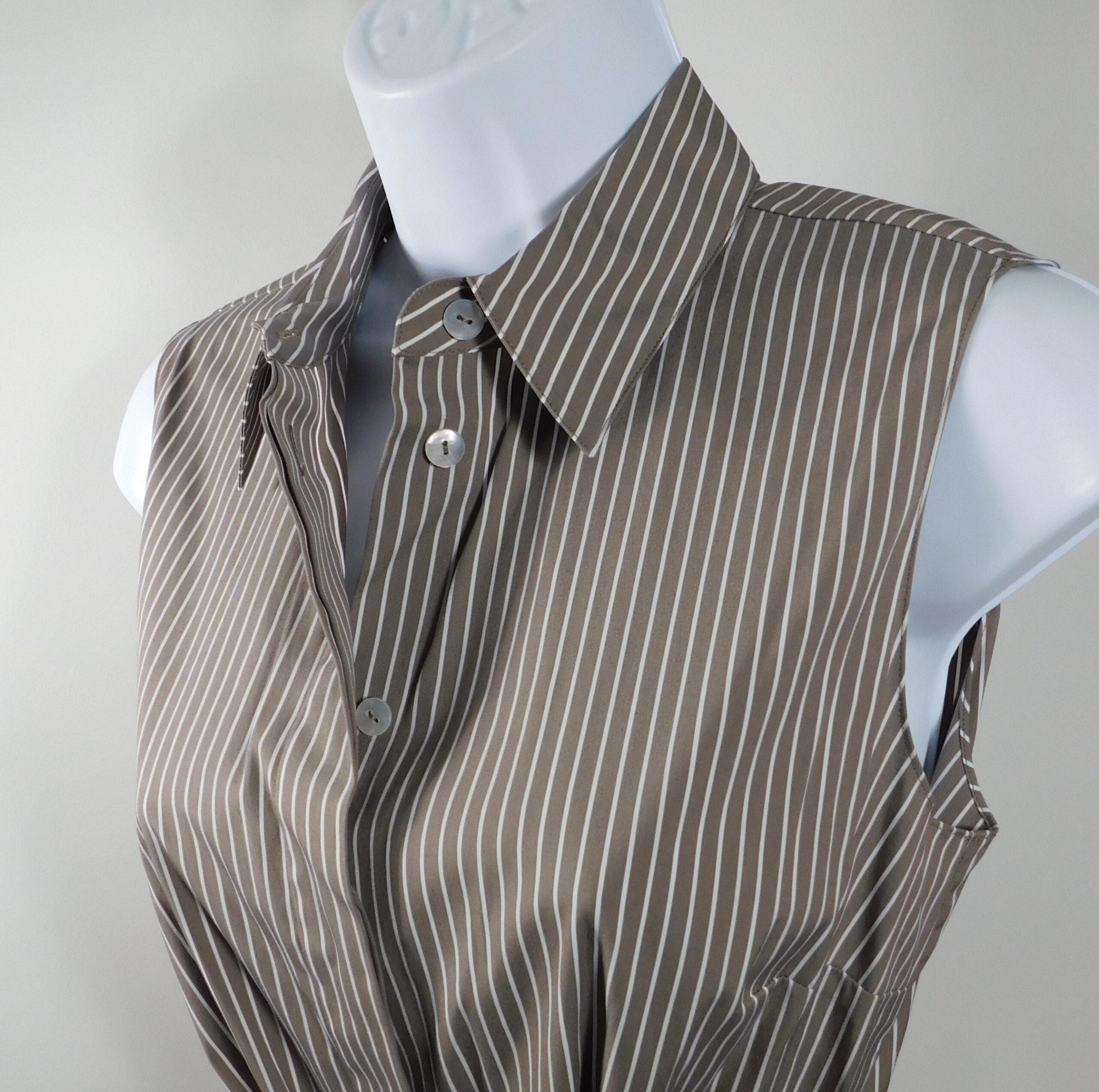 THEORY Women's Khaki White Striped Cotton Stretch Sleeveless Button Front Dress Sz 4 - Image 3