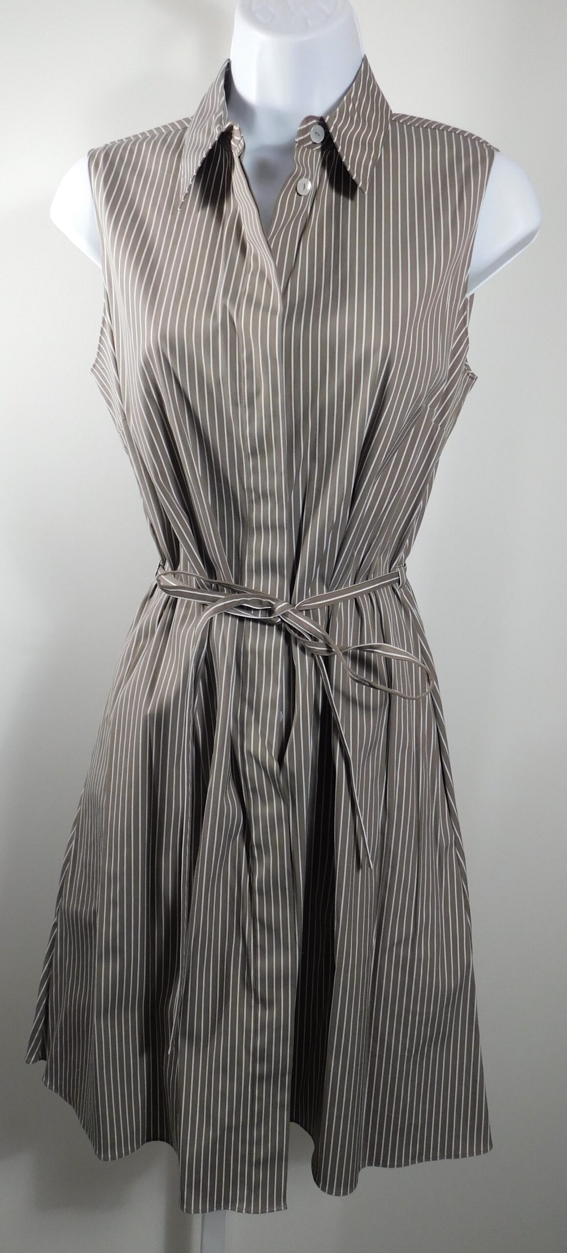 THEORY Women's Khaki White Striped Cotton Stretch Sleeveless Button Front Dress Sz 4 - Image 4