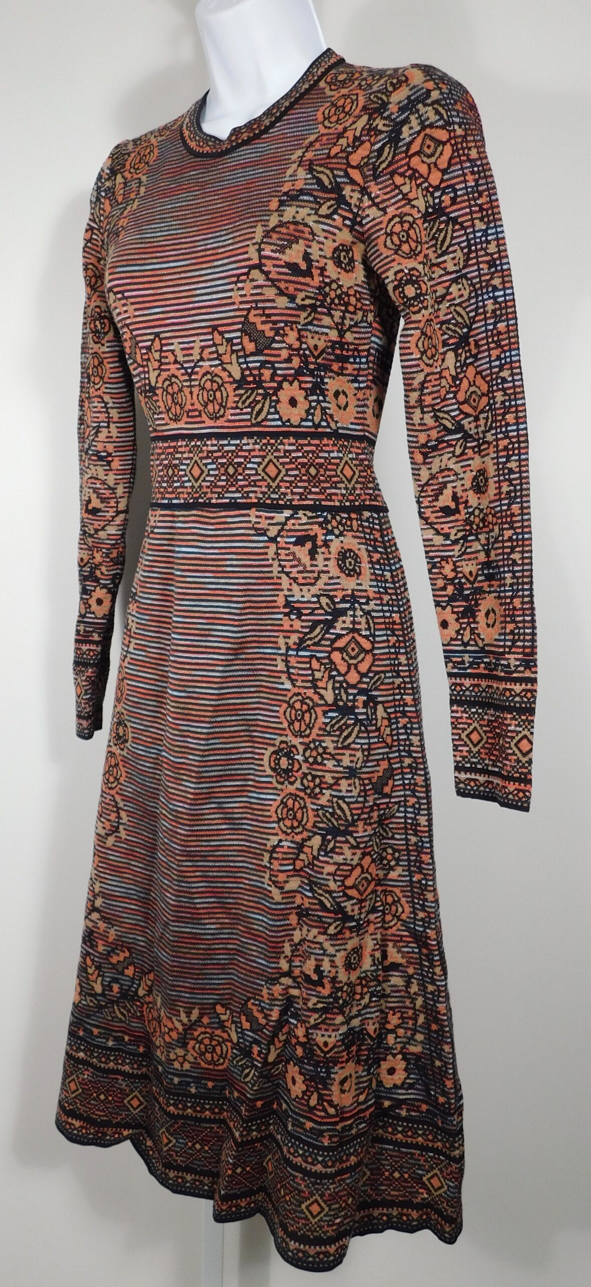 MISSONI Women's Orange Black Gold Striped Floral Long Sleeve Knit Dress Sz 38