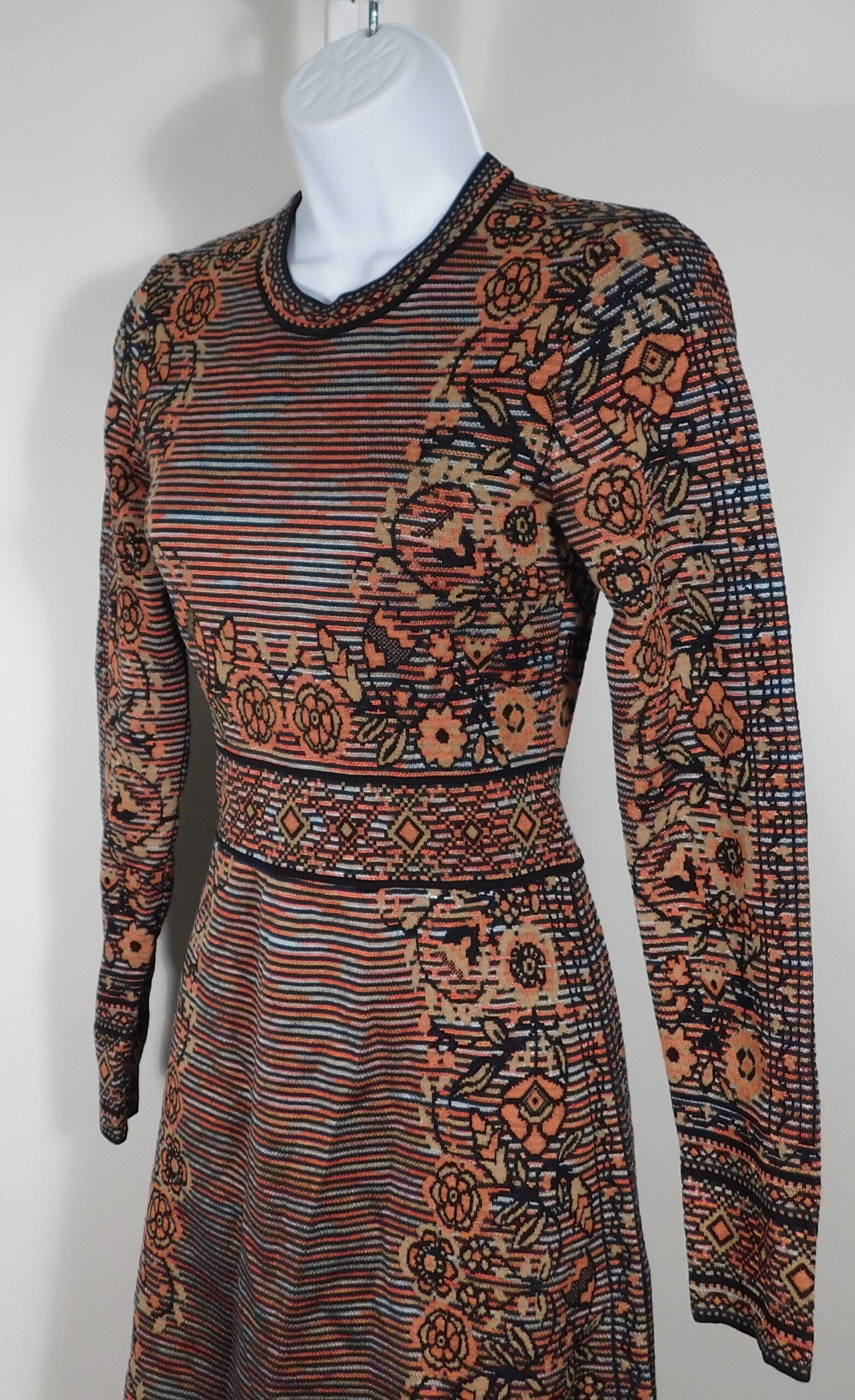 MISSONI Women's Orange Black Gold Striped Floral Long Sleeve Knit Dress Sz 38 - Image 5