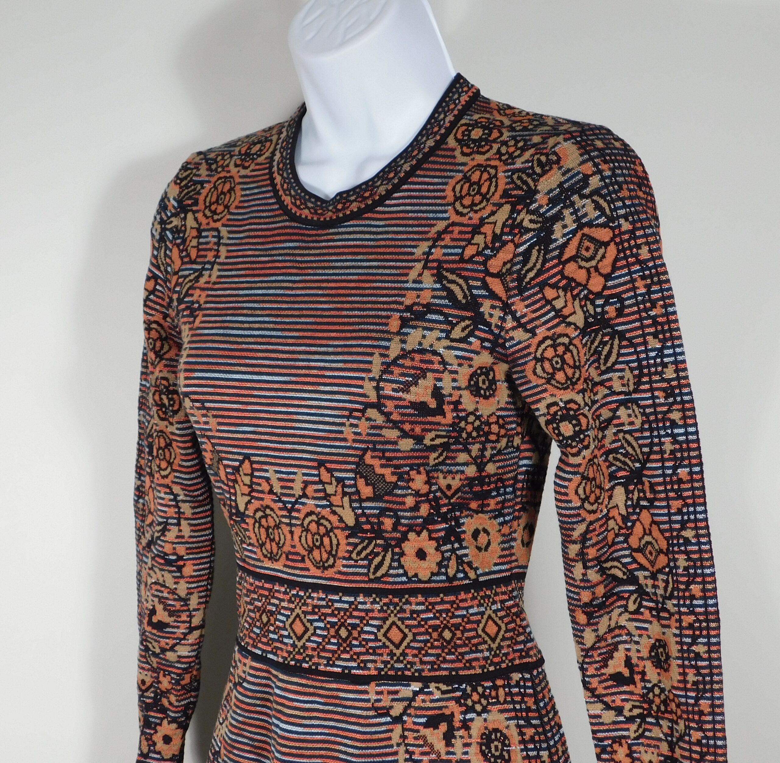 MISSONI Women's Orange Black Gold Striped Floral Long Sleeve Knit Dress Sz 38 - Image 4
