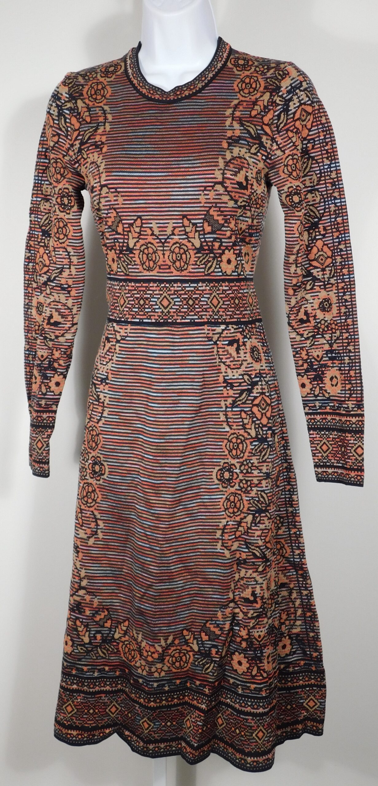 MISSONI Women's Orange Black Gold Striped Floral Long Sleeve Knit Dress Sz 38 - Image 3