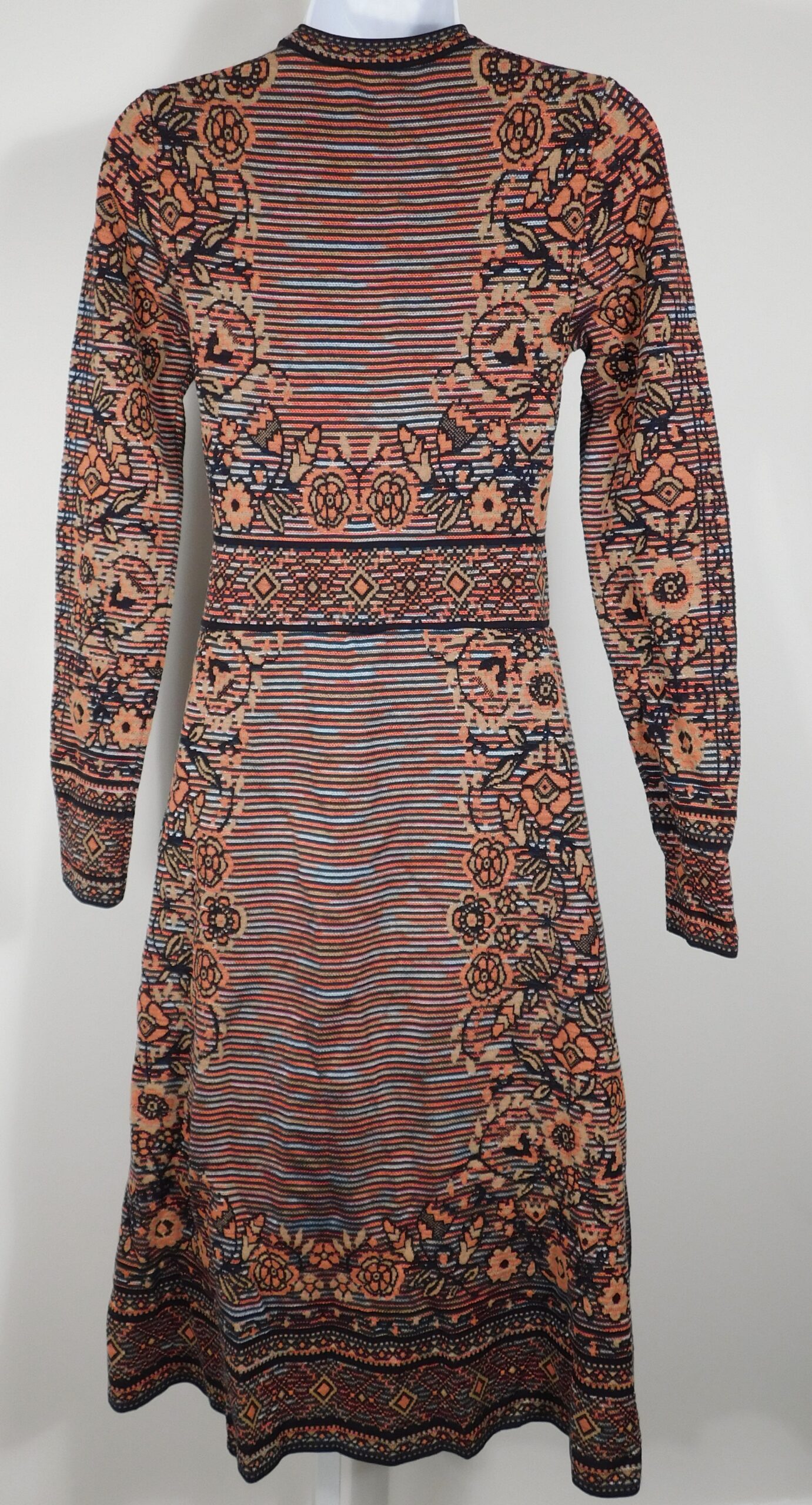 MISSONI Women's Orange Black Gold Striped Floral Long Sleeve Knit Dress Sz 38 - Image 2