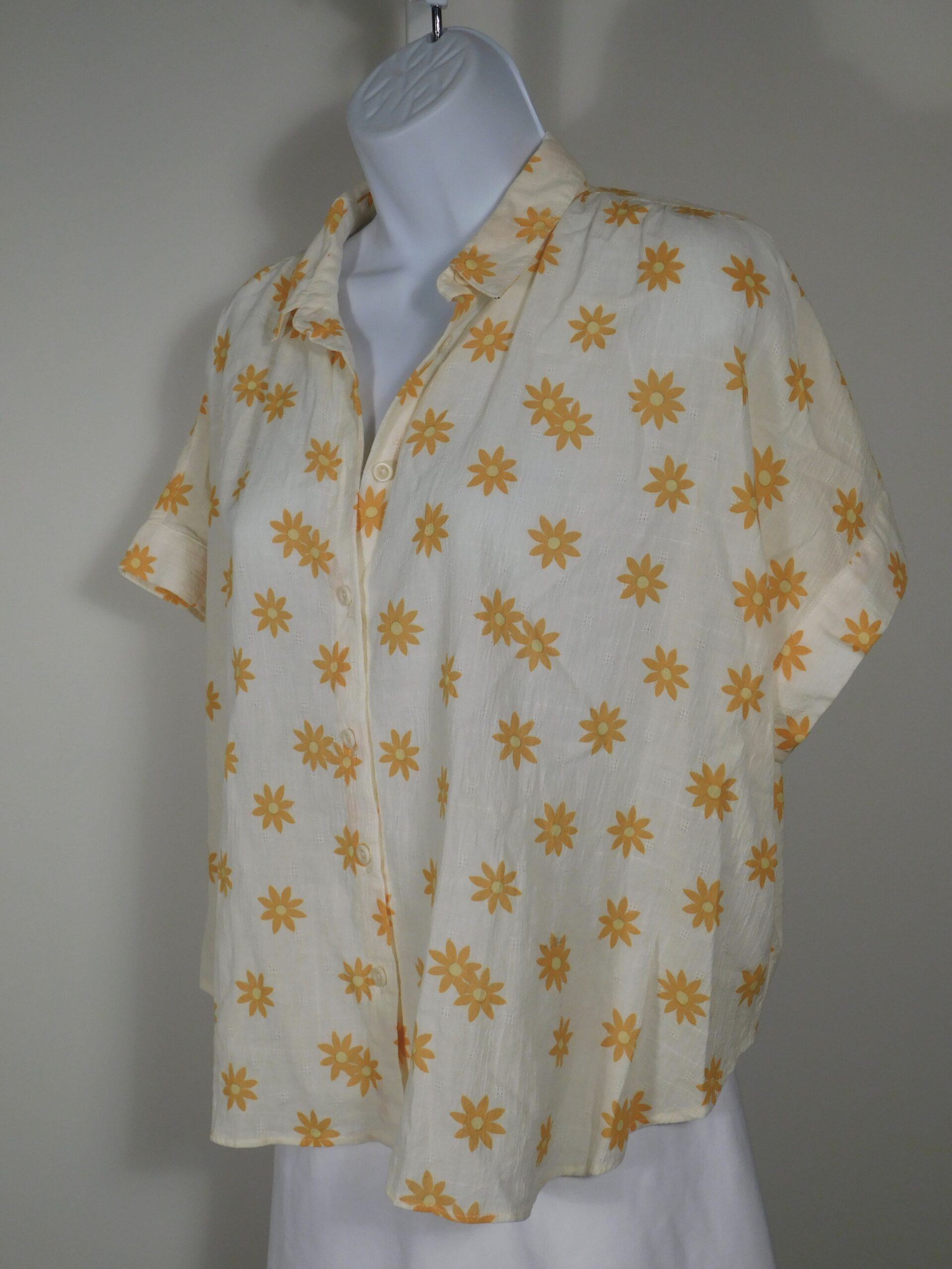MADEWELL Women's Ivory & Orange Floral Cotton Button Front Short Sleeve Boxy Blouse Sz M