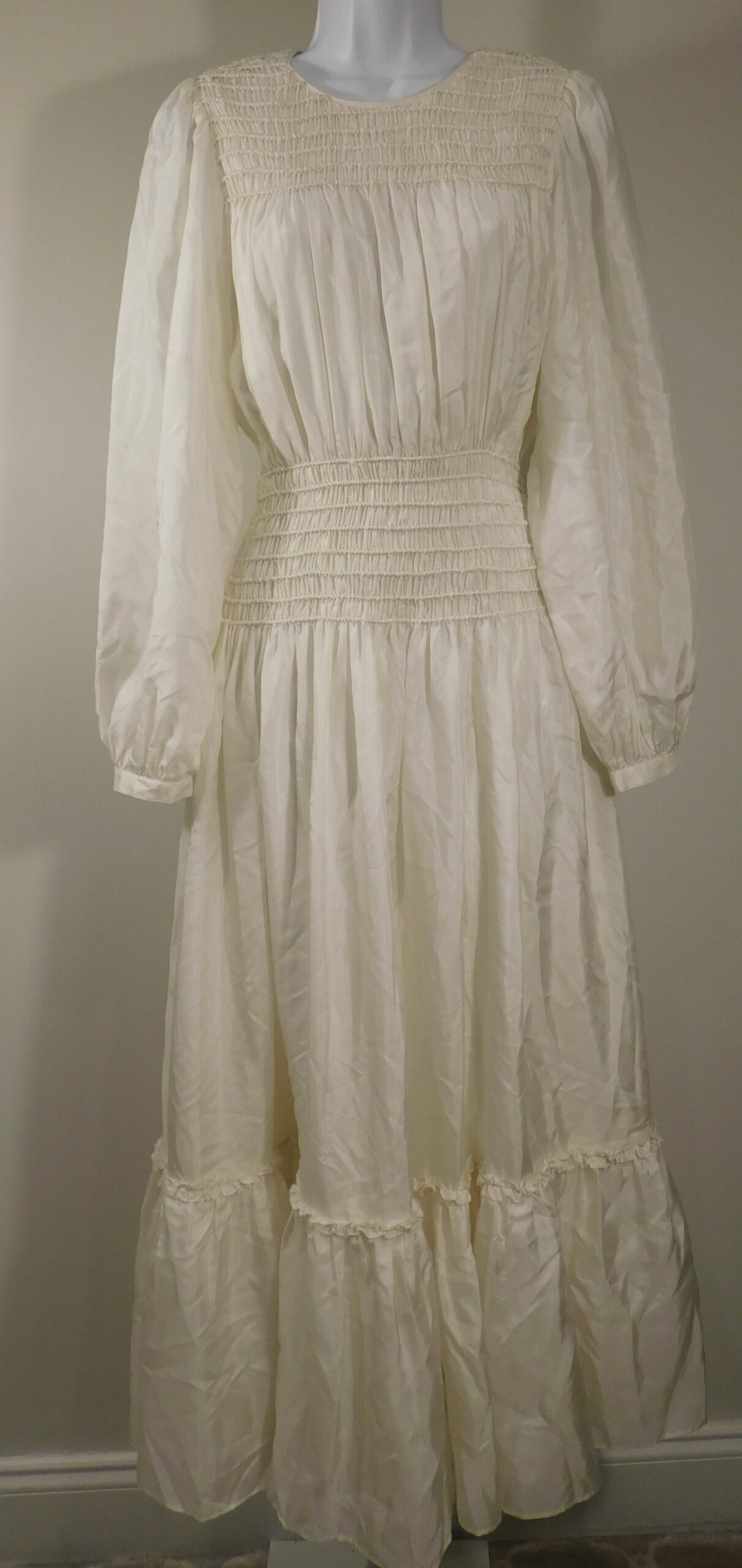 TORY BURCH Women's Ivory Silk Round Neck Smocked Details Midi Dress Sz 4 ($1179) - Image 4