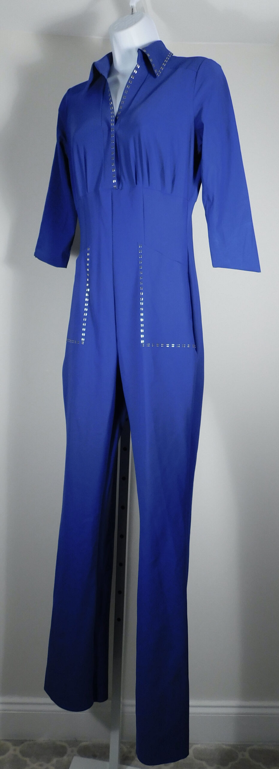 LA PETITE ROBE DI CHIARA BONI Royal Blue 3/4 Sleeve Gold Tone Studded Jumpsuit Sz 42