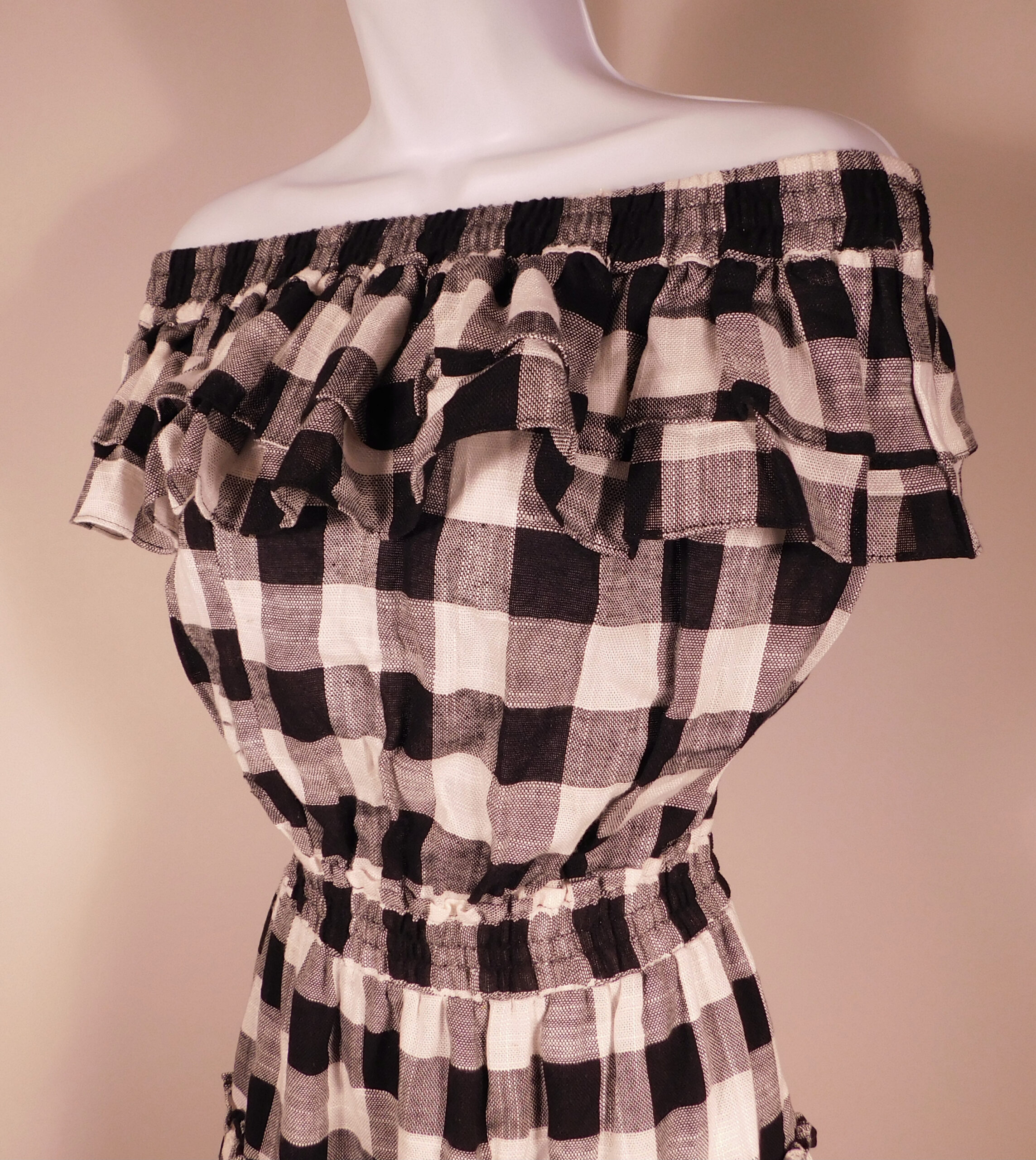 MISA LOS ANGELES Women's Black White Plaid Cotton Linen Off Shoulder Dress Sz S ($250) - Image 3