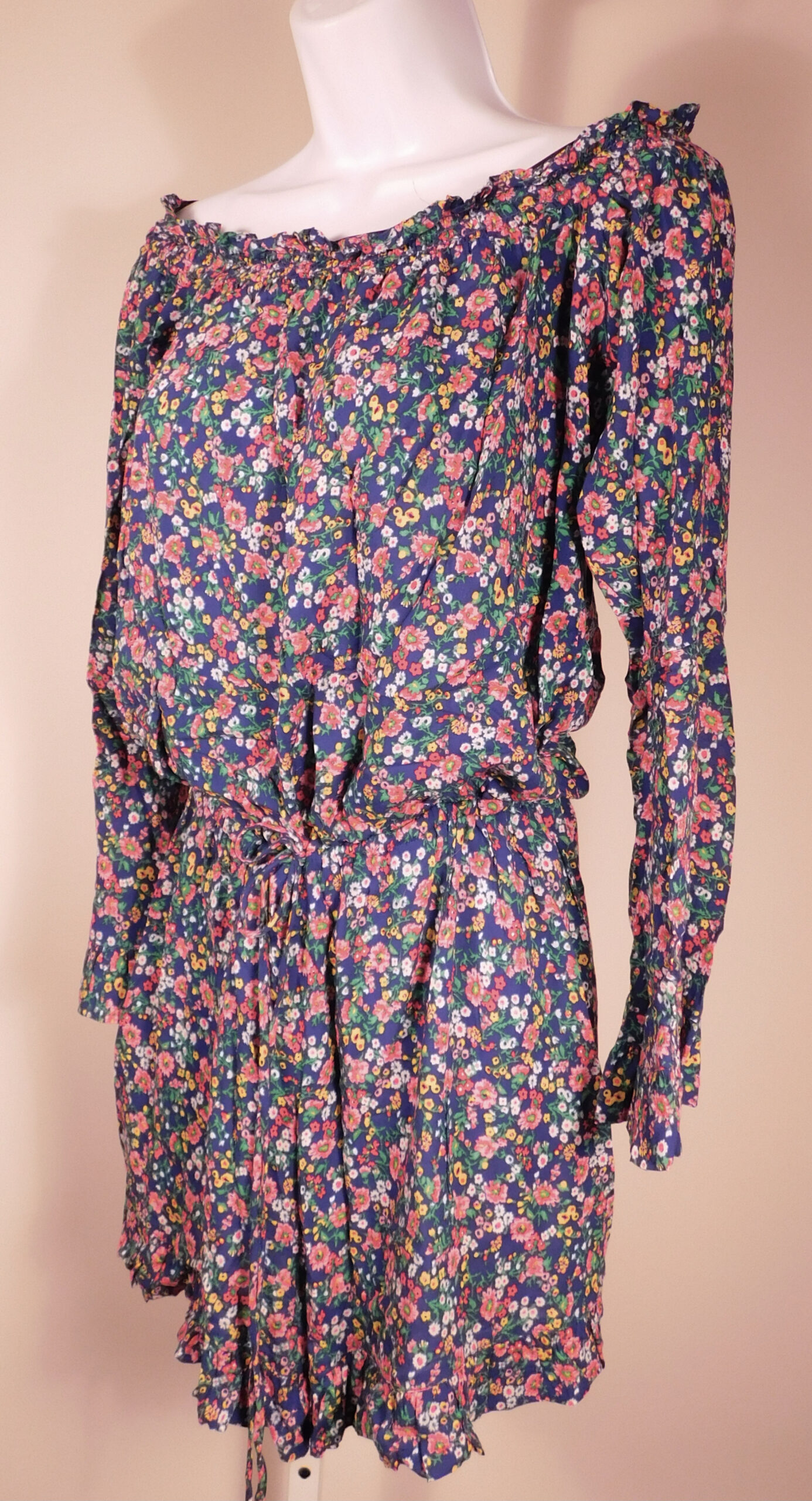 POLO RALPH LAUREN Women's Blue Floral Print Scoop Neck Long Sleeve Shift Dress Sz M