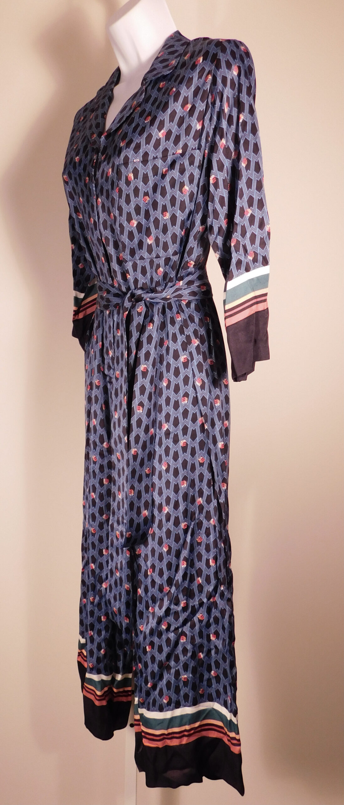 MAJE Women's Blue Small Monogram Print Prestone Wide Leg Silky Satin Cropped Jumpsuit Sz 34 ($415)