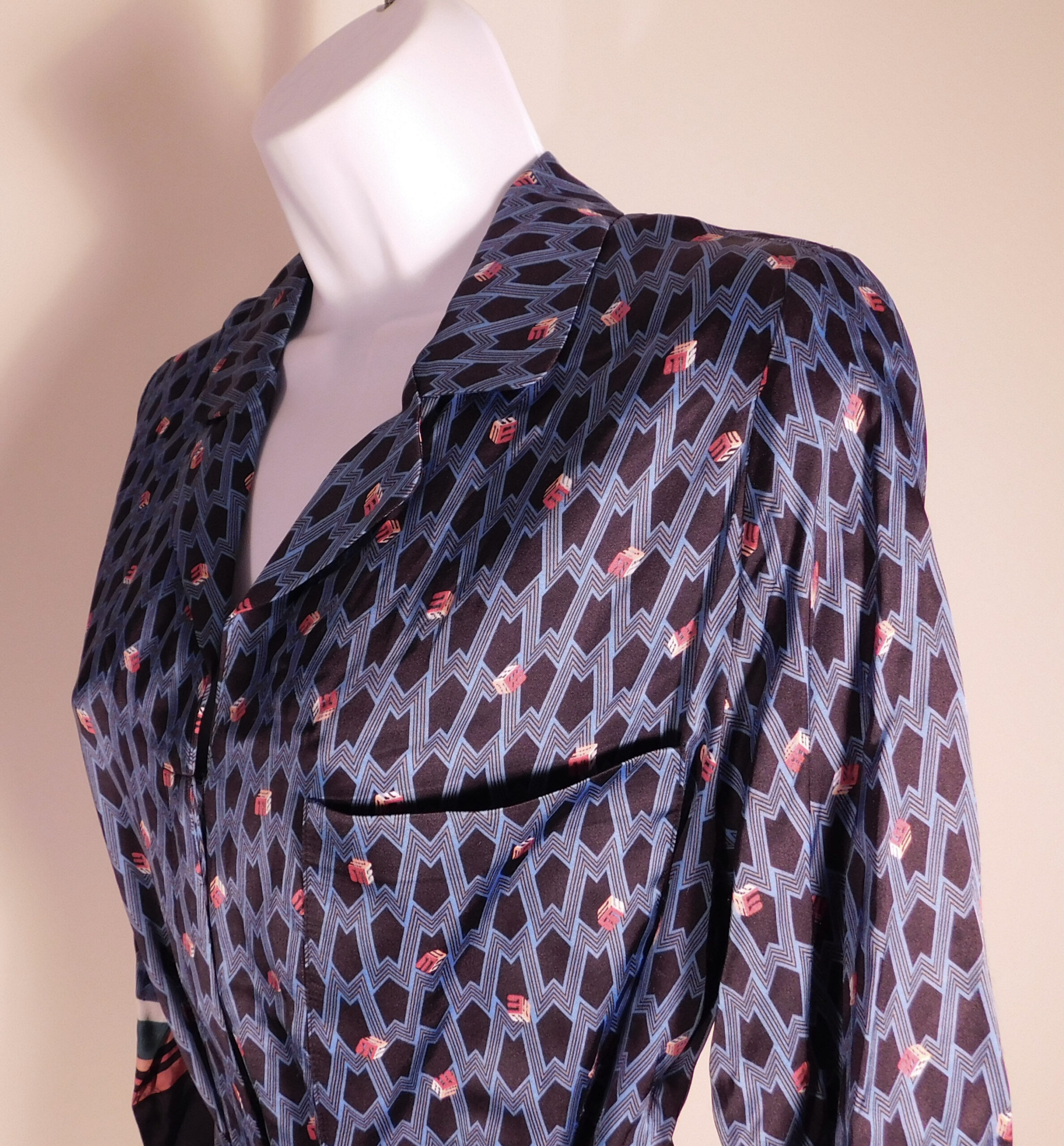 MAJE Women's Blue Small Monogram Print Prestone Wide Leg Silky Satin Cropped Jumpsuit Sz 34 ($415) - Image 3