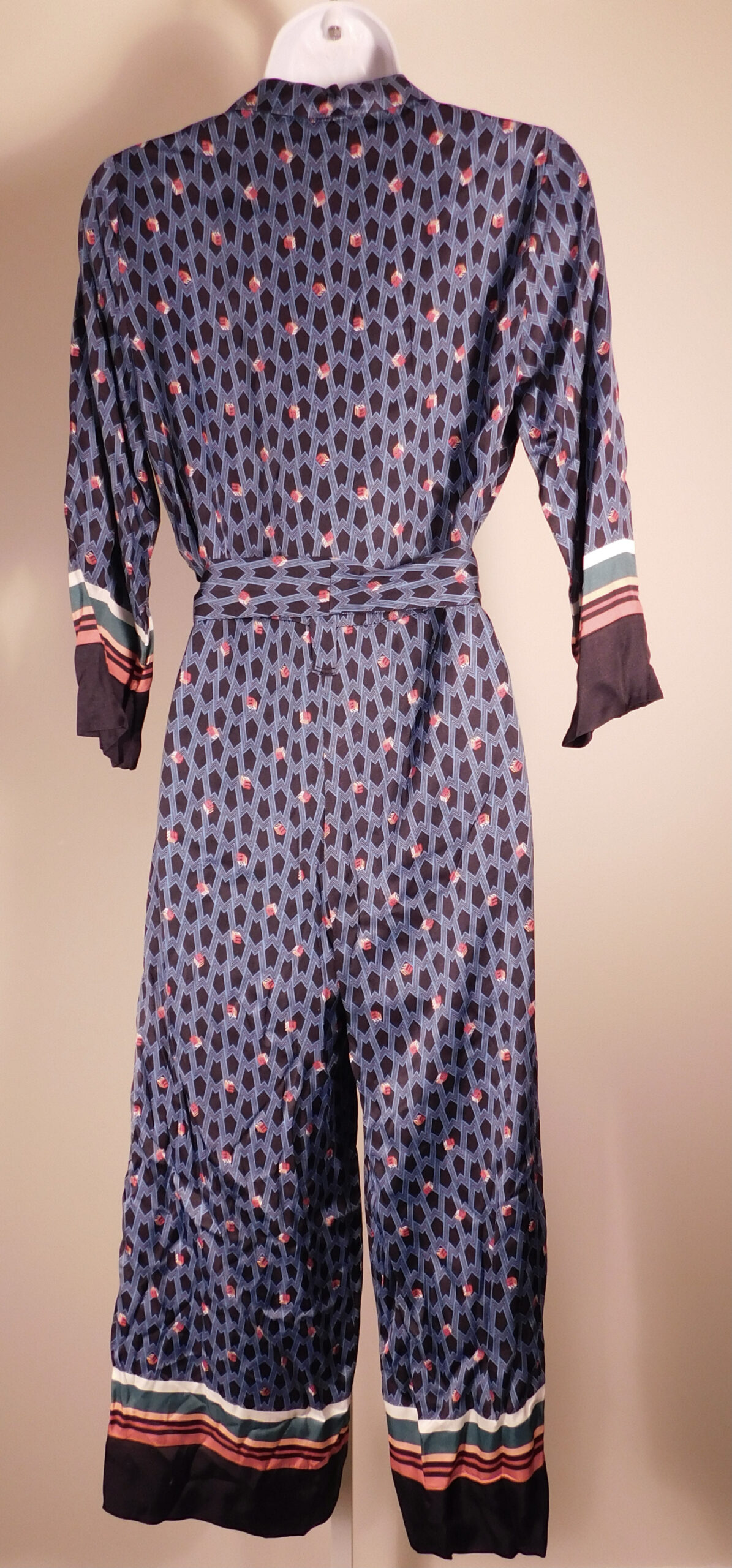 MAJE Women's Blue Small Monogram Print Prestone Wide Leg Silky Satin Cropped Jumpsuit Sz 34 ($415) - Image 5
