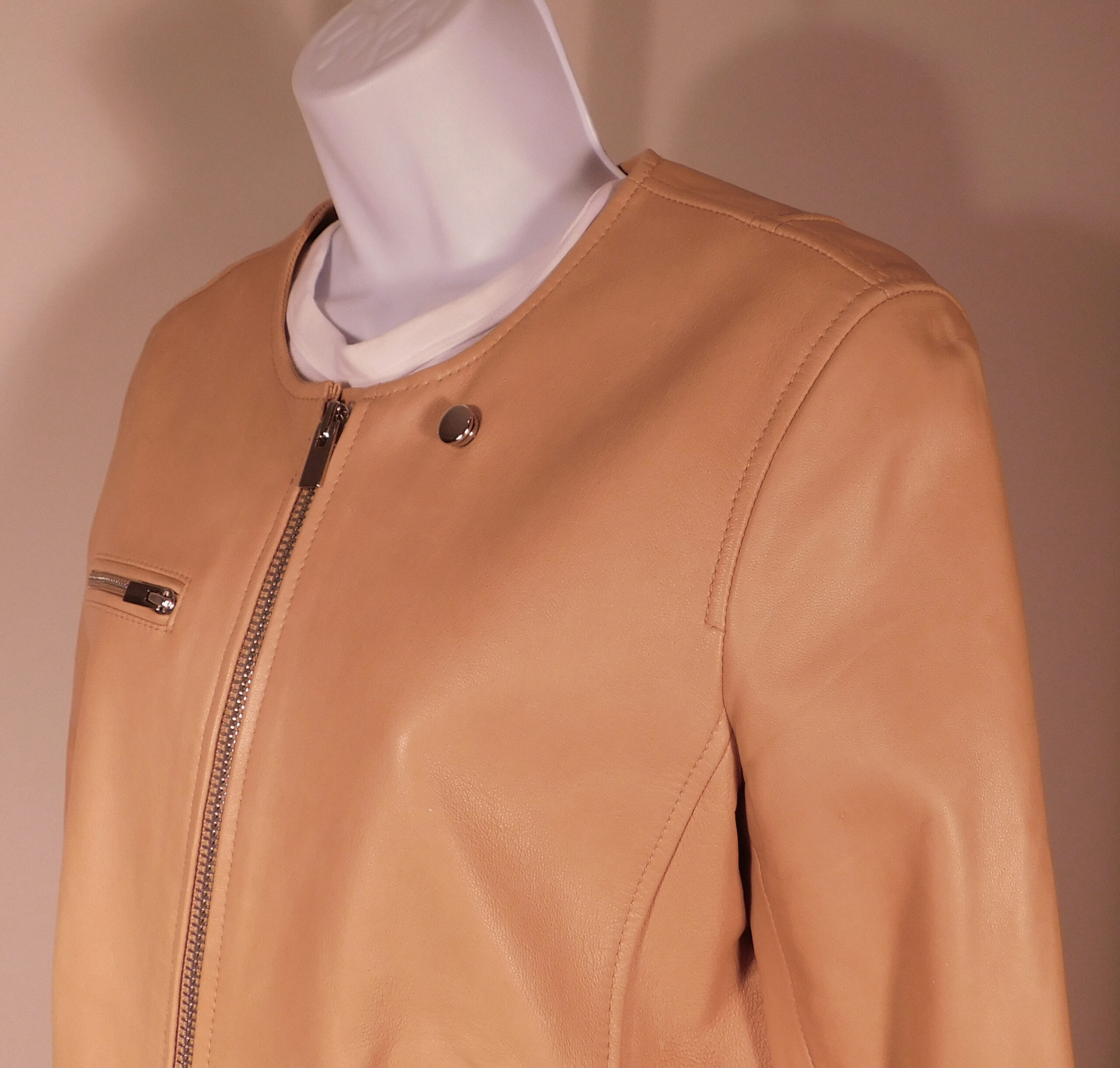 CLUB MONACO Women's Camel Lamb Leather Zip Front Jacket Sz M ($598) - Image 3