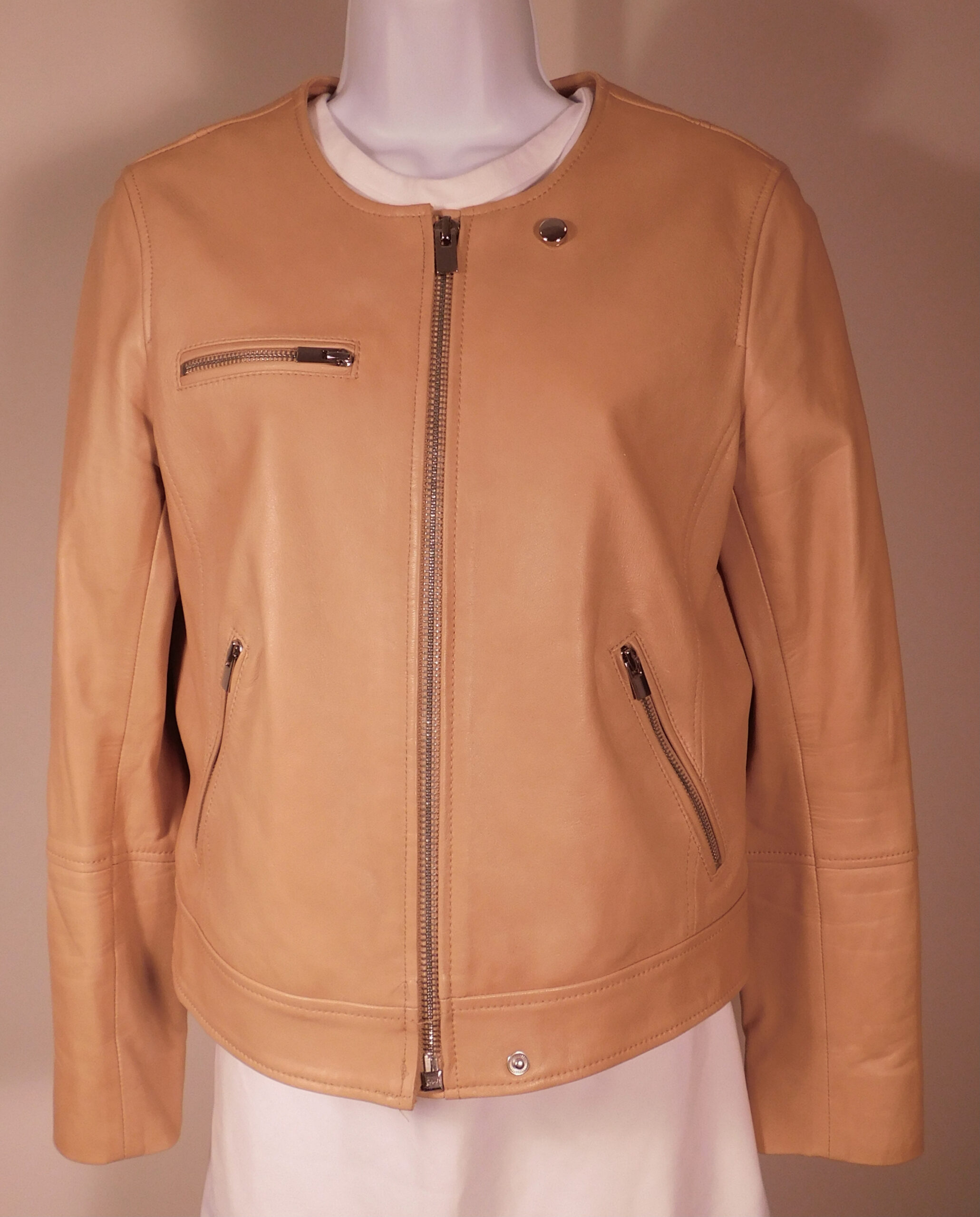 CLUB MONACO Women's Camel Lamb Leather Zip Front Jacket Sz M ($598) - Image 4