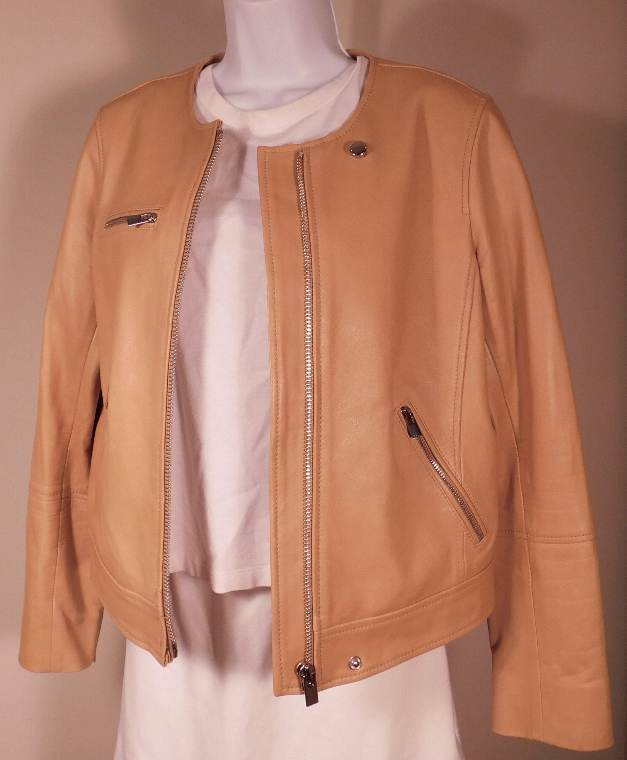 CLUB MONACO Women's Camel Lamb Leather Zip Front Jacket Sz M ($598) - Image 5