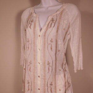 TINY BY ANTHROPOLOGIE Women's Ivory Cotton/Silk Embroidered 3/4 Sleeved Button Front Blouse Sz S