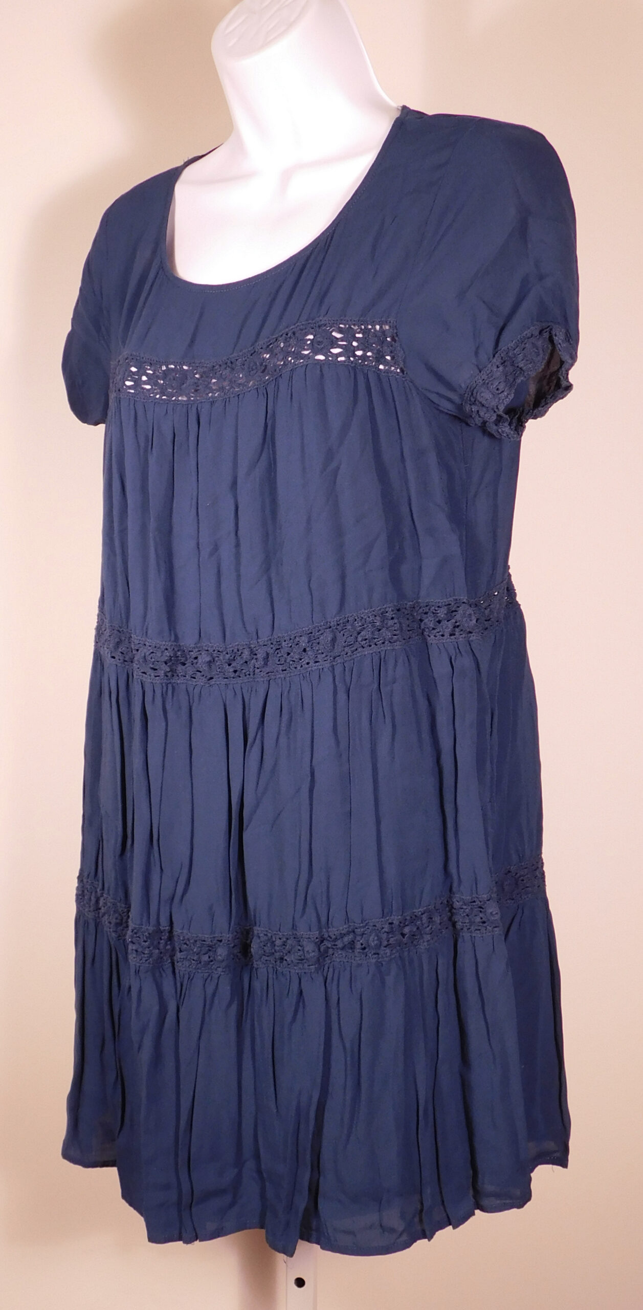 ALICE & UO BY URBAN OUTFITTERS Women's Teal Crochet Contrast Short Sleeve Baby Doll Dress Sz M