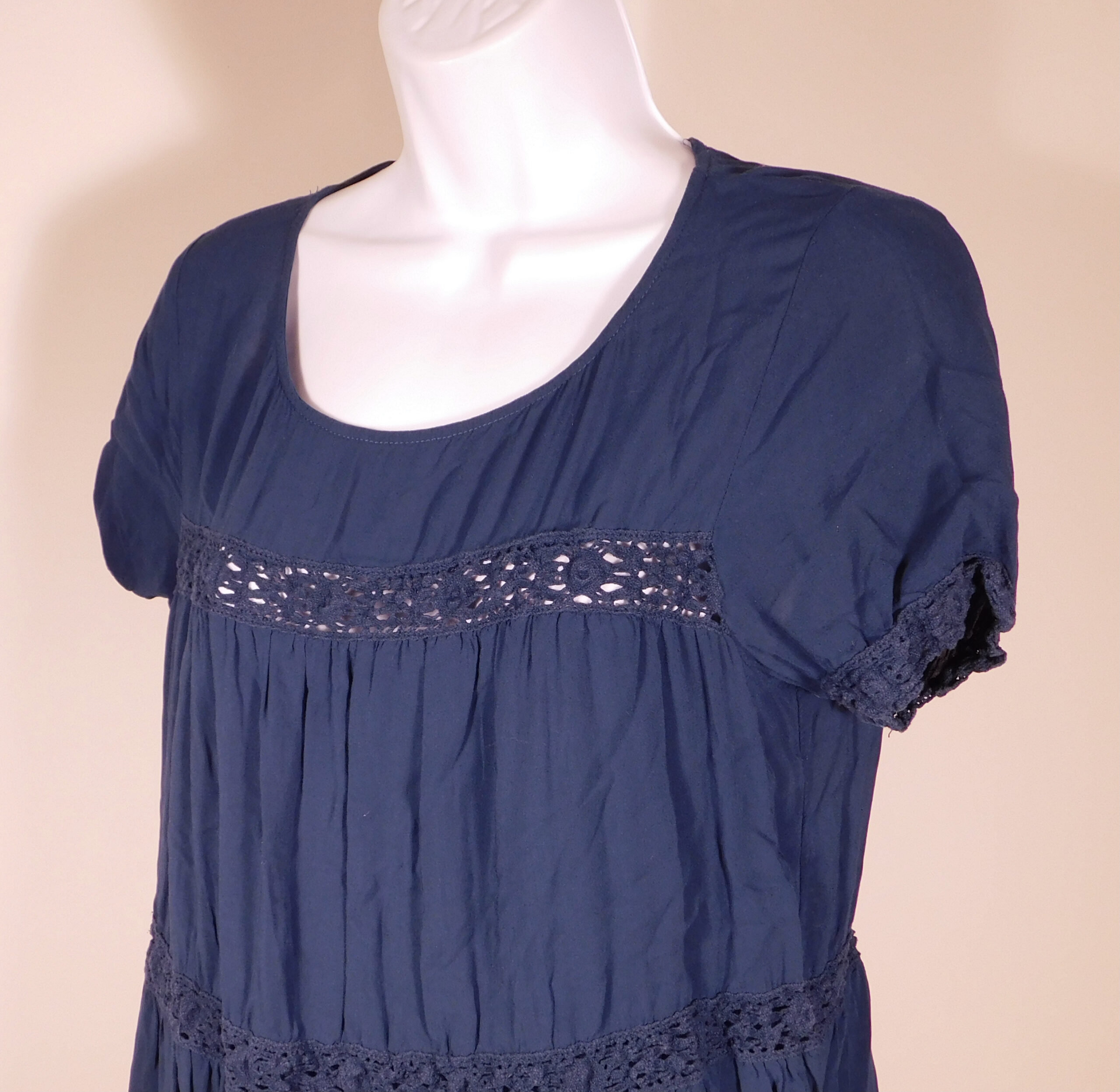 ALICE & UO BY URBAN OUTFITTERS Women's Teal Crochet Contrast Short Sleeve Baby Doll Dress Sz M - Image 3